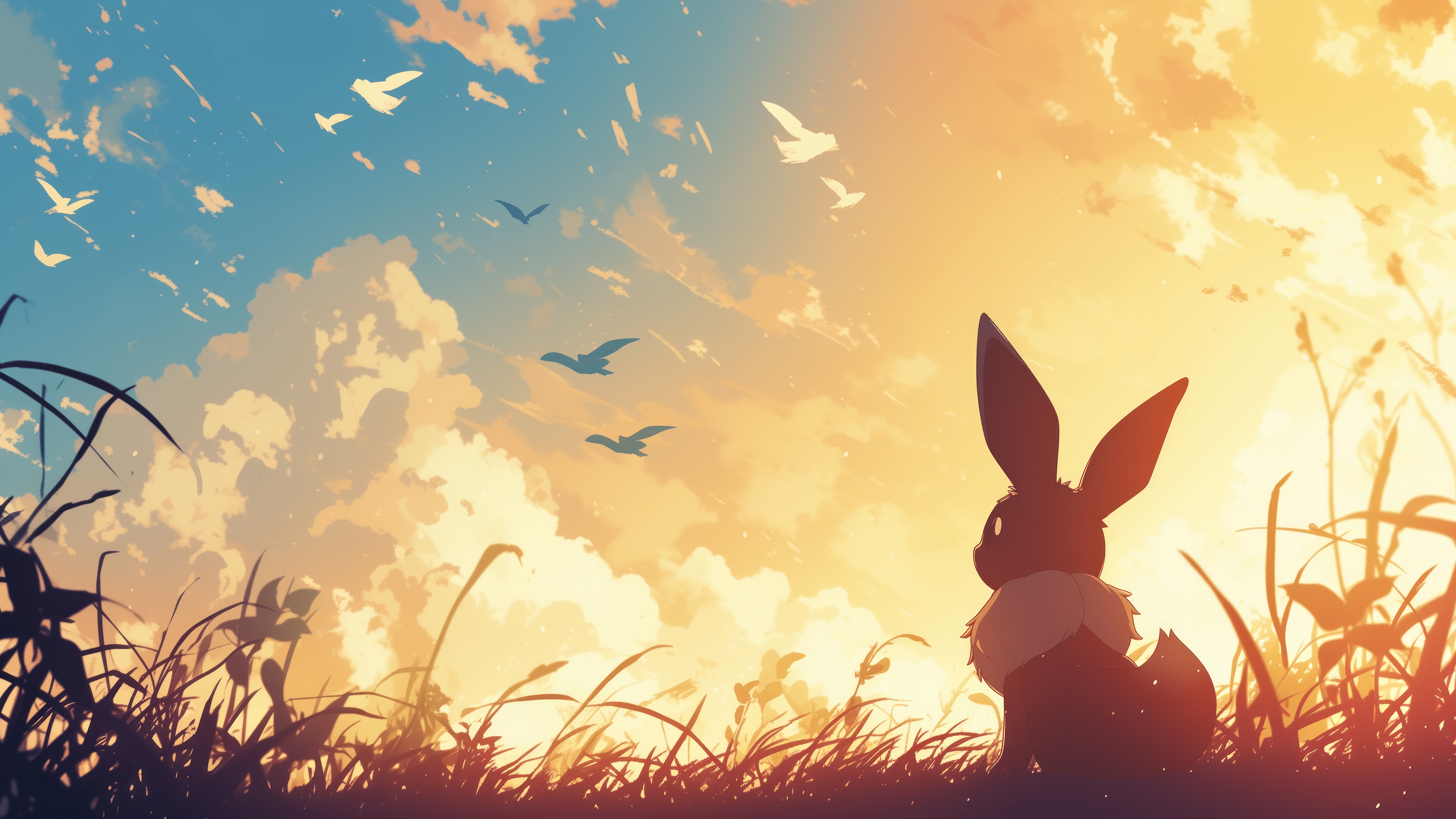 Eevee looking at the sunset with birds flying HD Wallpaper