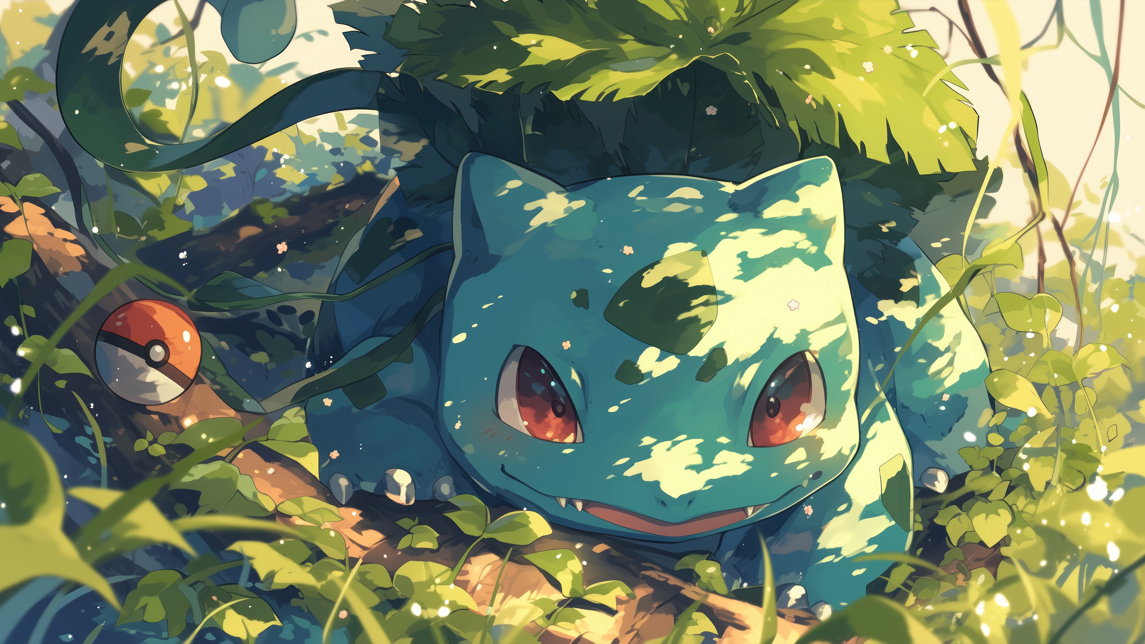 Ivysaur and Pokeball in a Forest HD Wallpaper