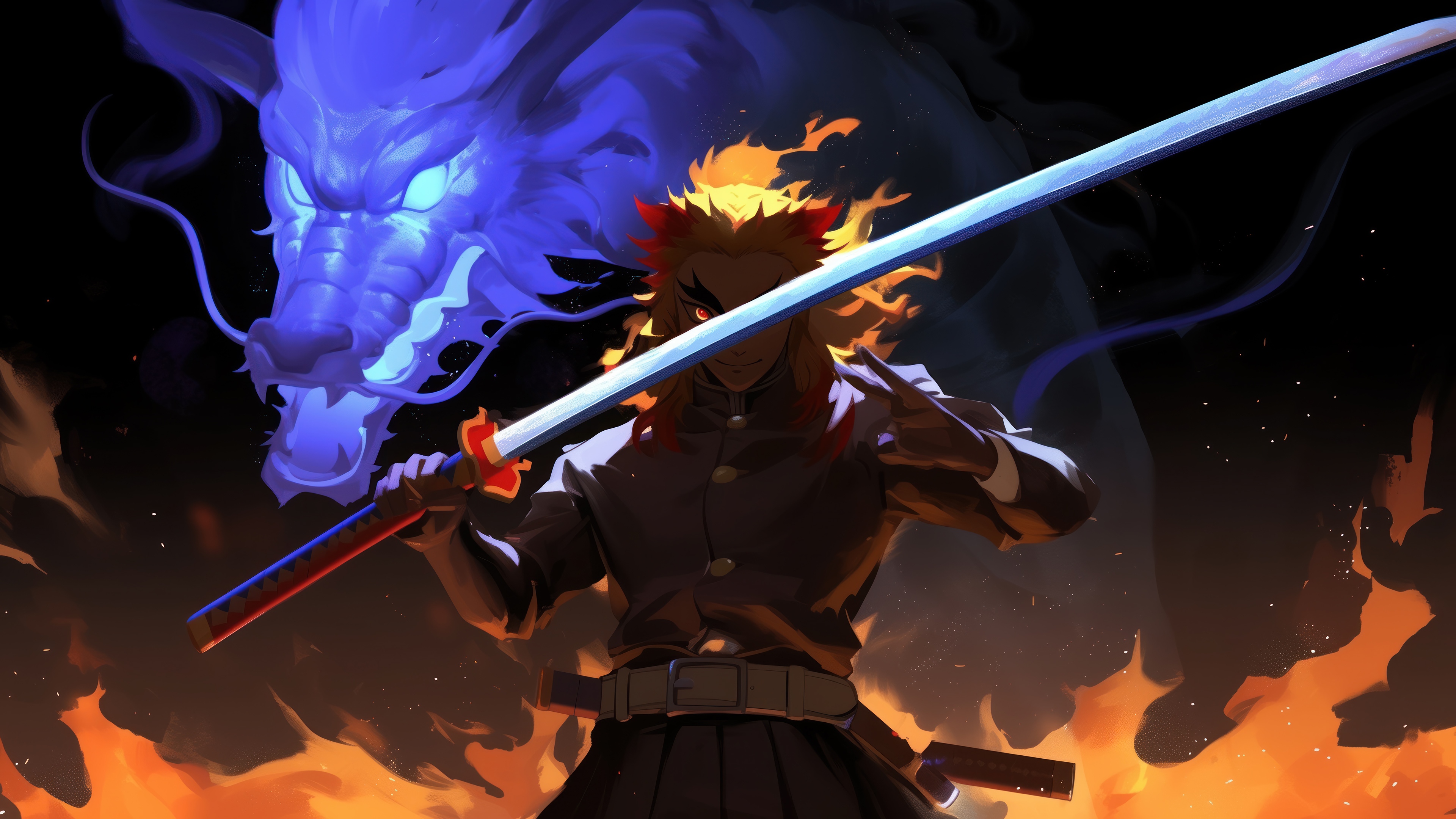 Kyojuro Rengoku with Dragon and Flames 4K HD Wallpaper