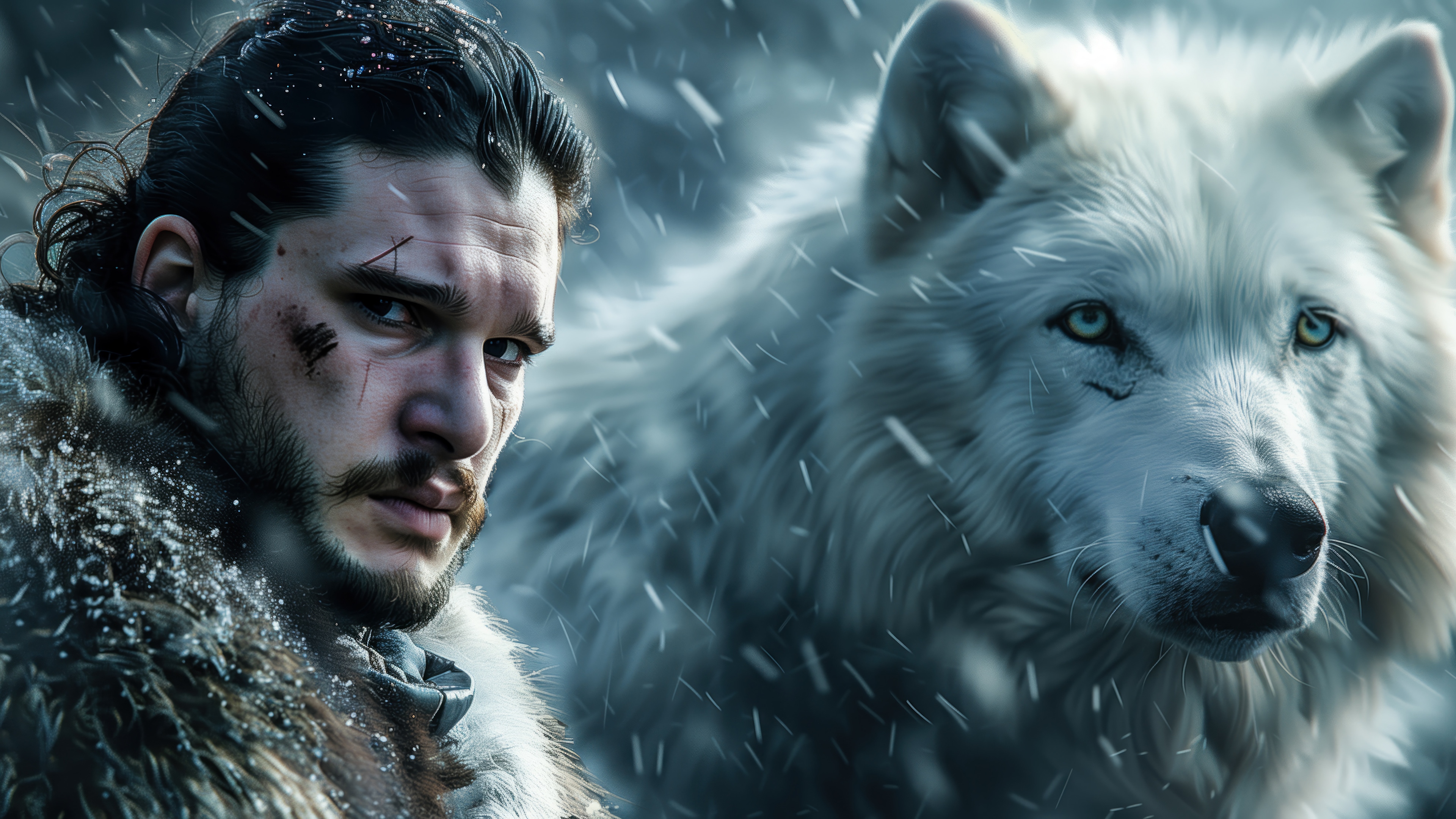 Jon Snow and a white wolf in the snow HD Wallpaper
