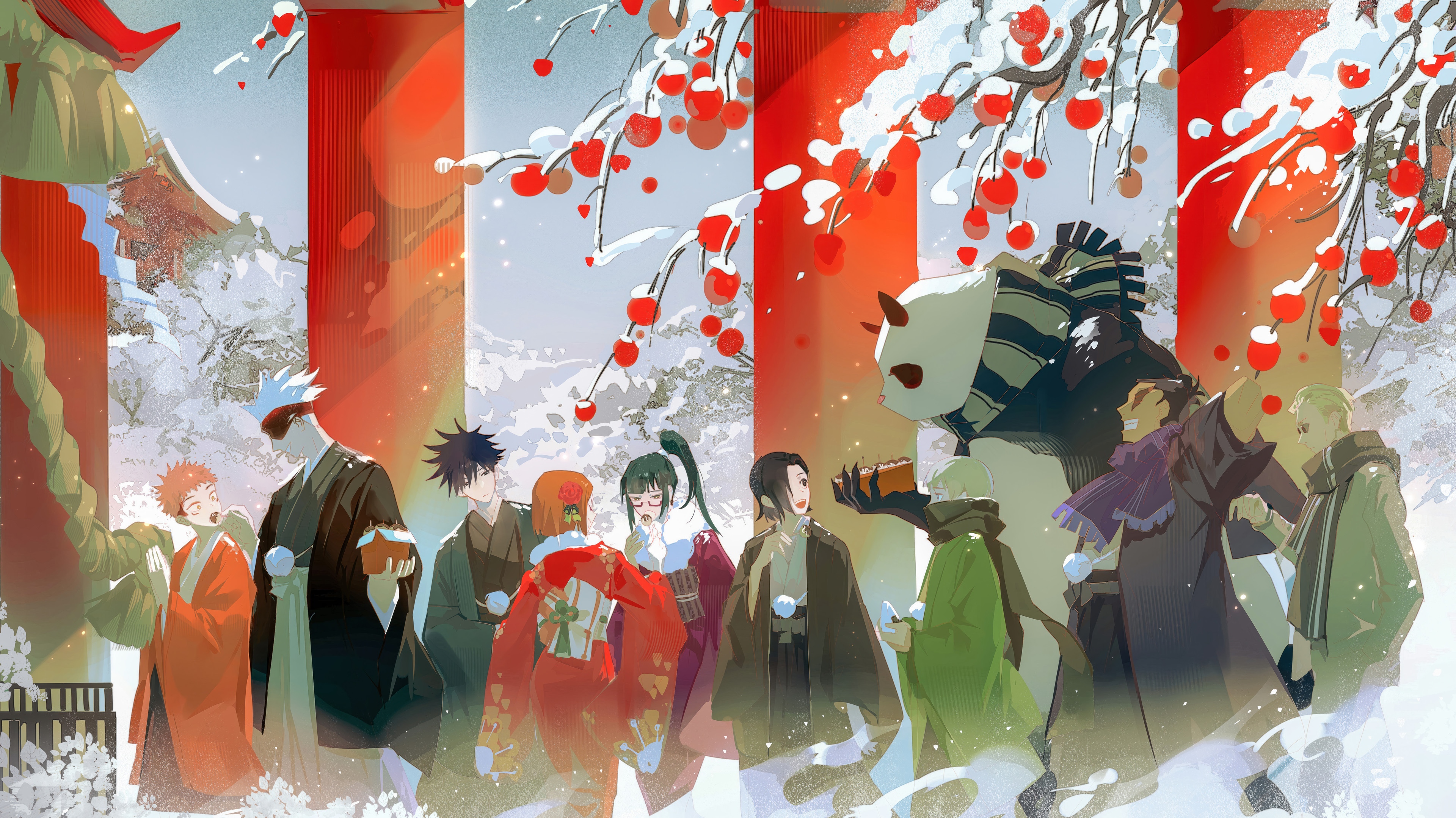 Jujutsu Kaisen characters in a snowy shrine HD Wallpaper