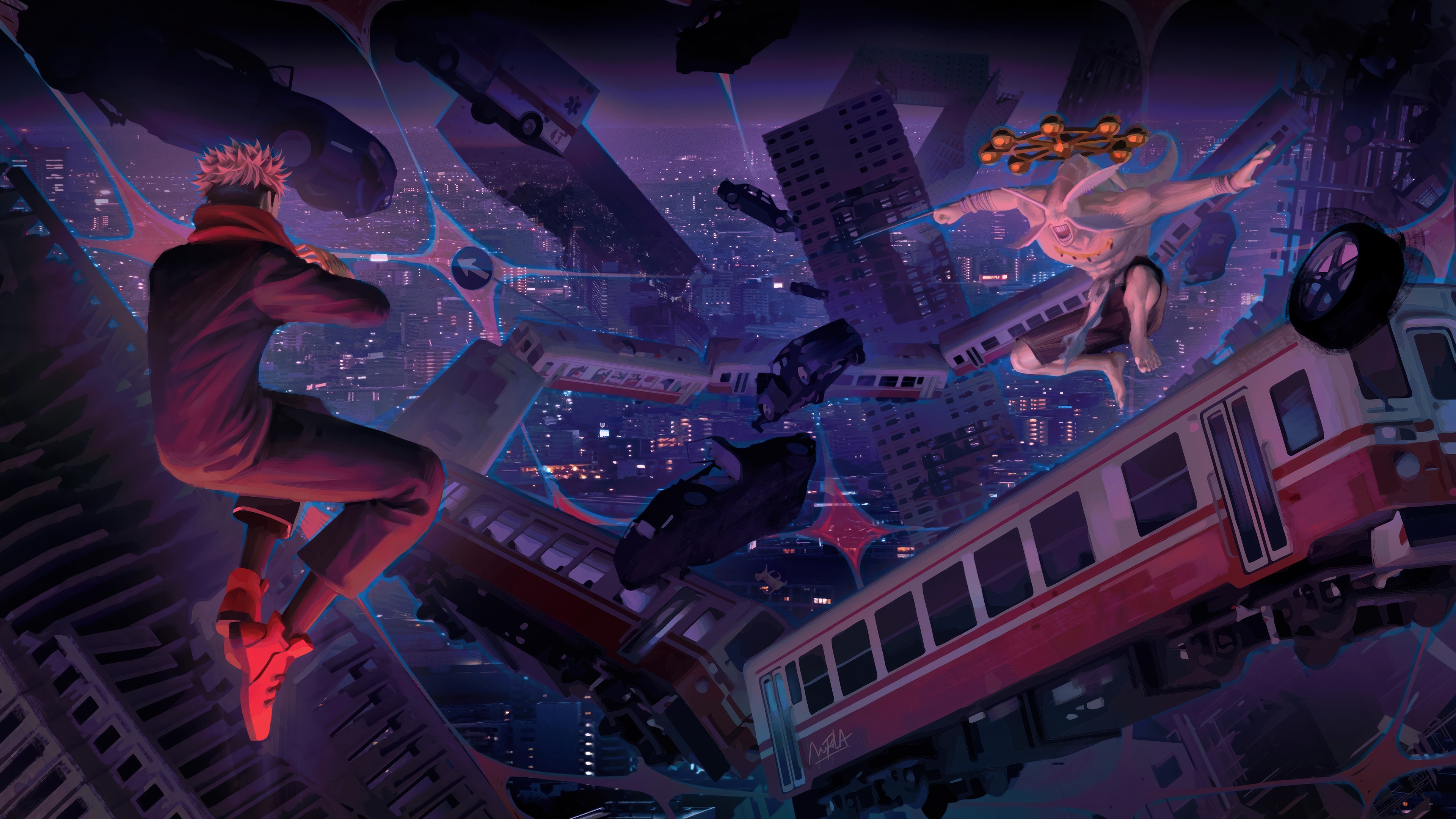 Yuji and Mahoraga in a chaotic city 4K HD Wallpaper