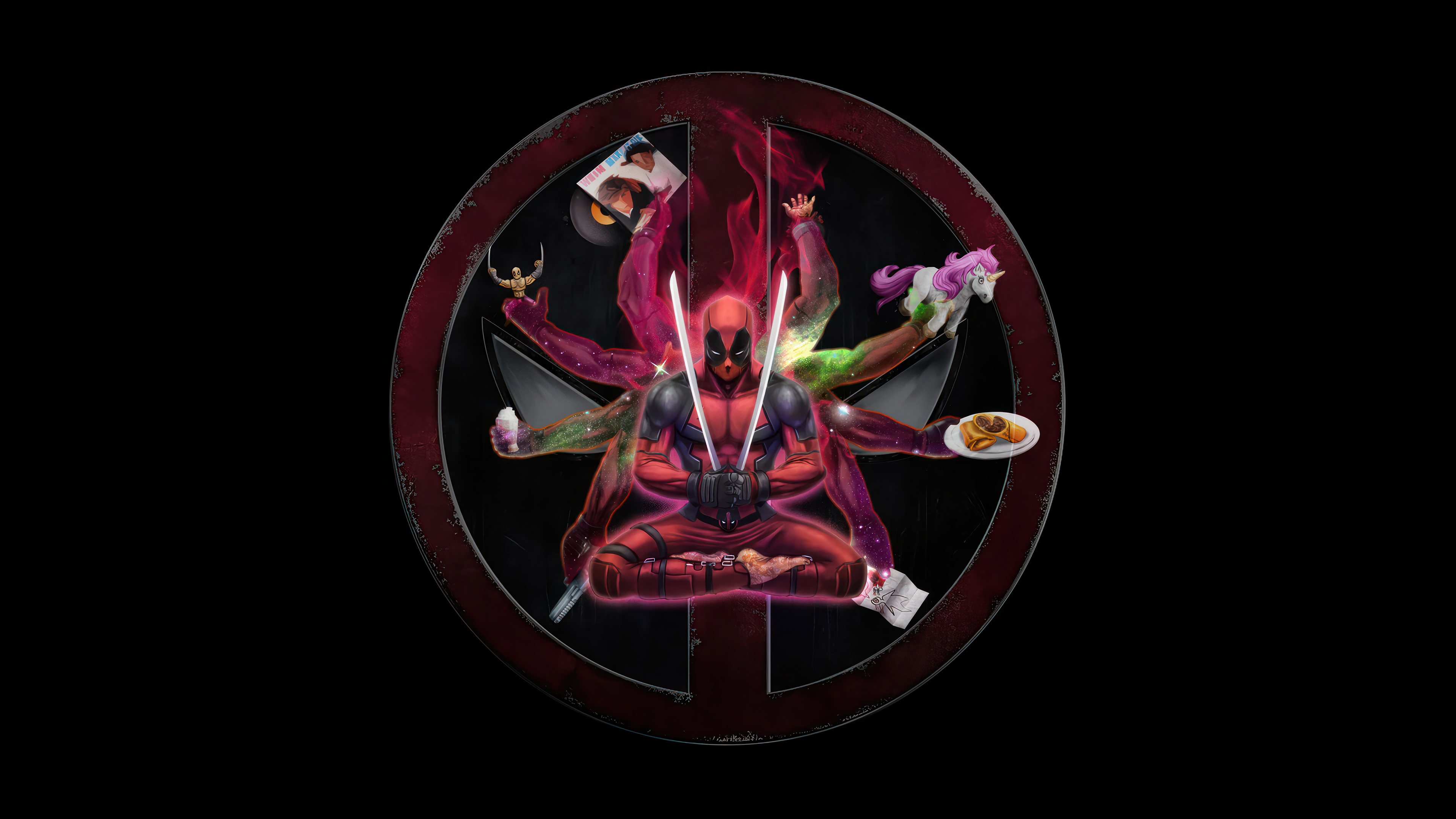 Deadpool Meditating with Multiple Arms and Katana 4K HD Wallpaper