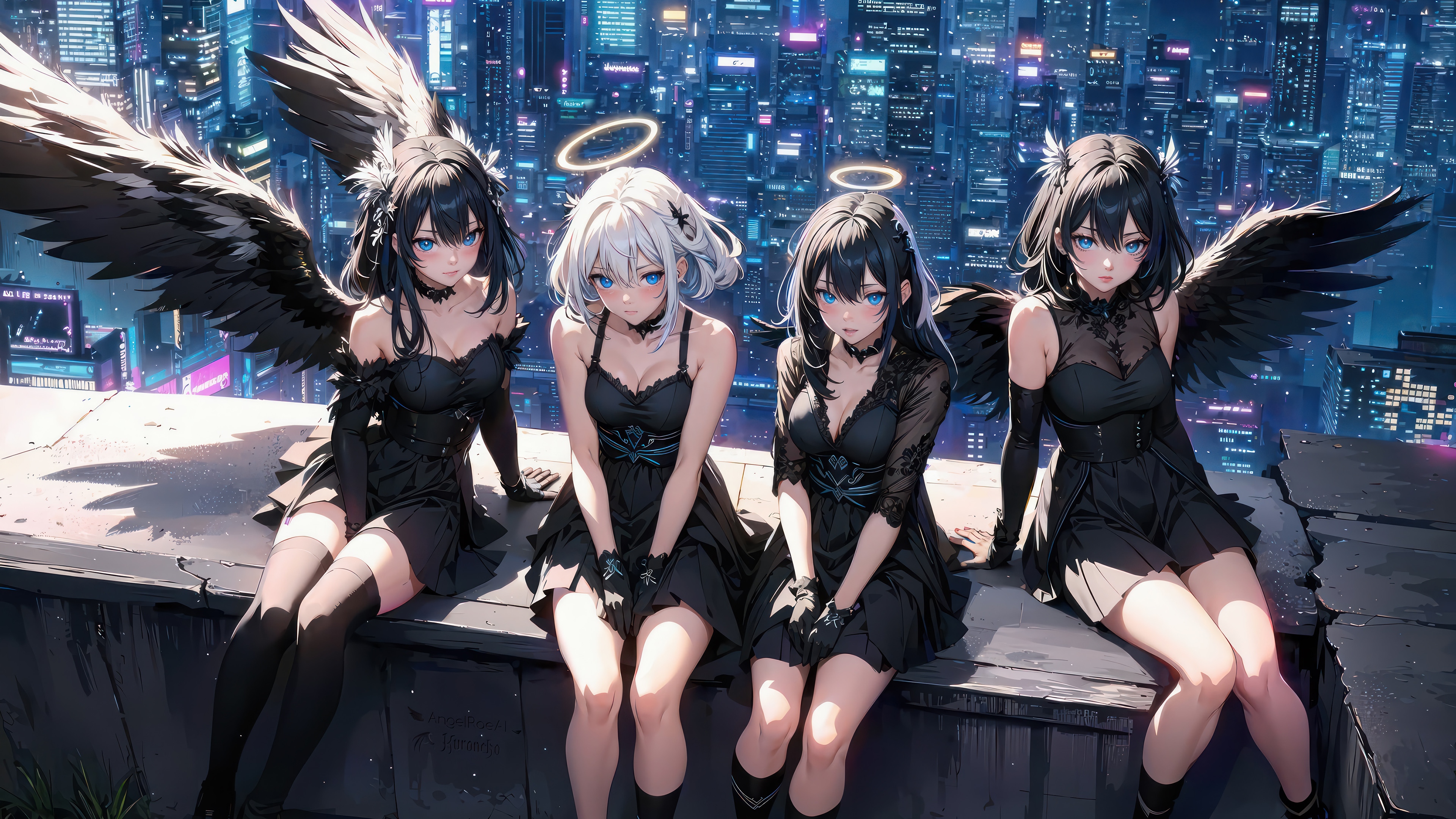 Four anime girls with wings and halos on a rooftop HD Wallpaper