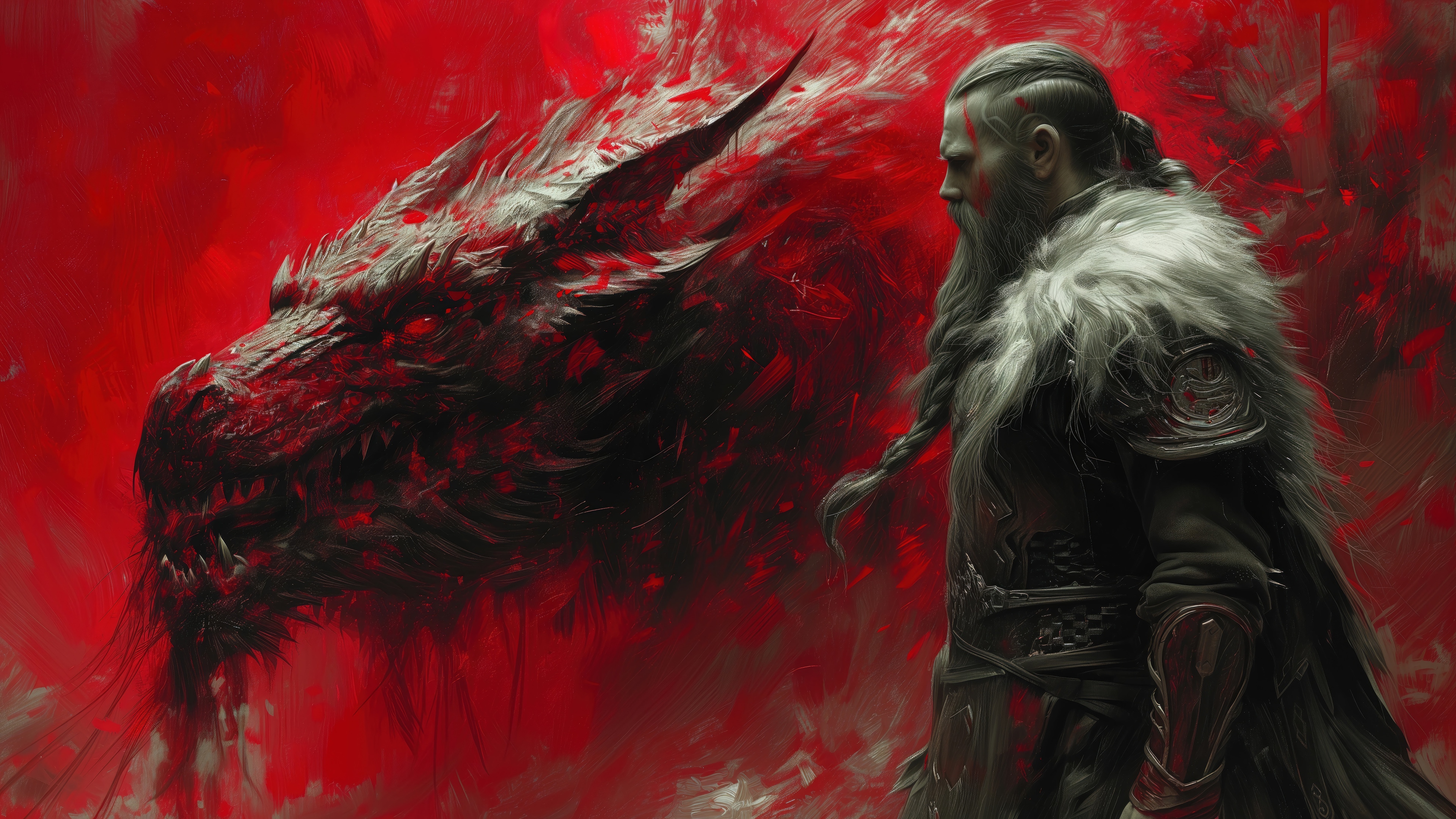 Viking warrior facing a red dragon in 4K HD Wallpaper