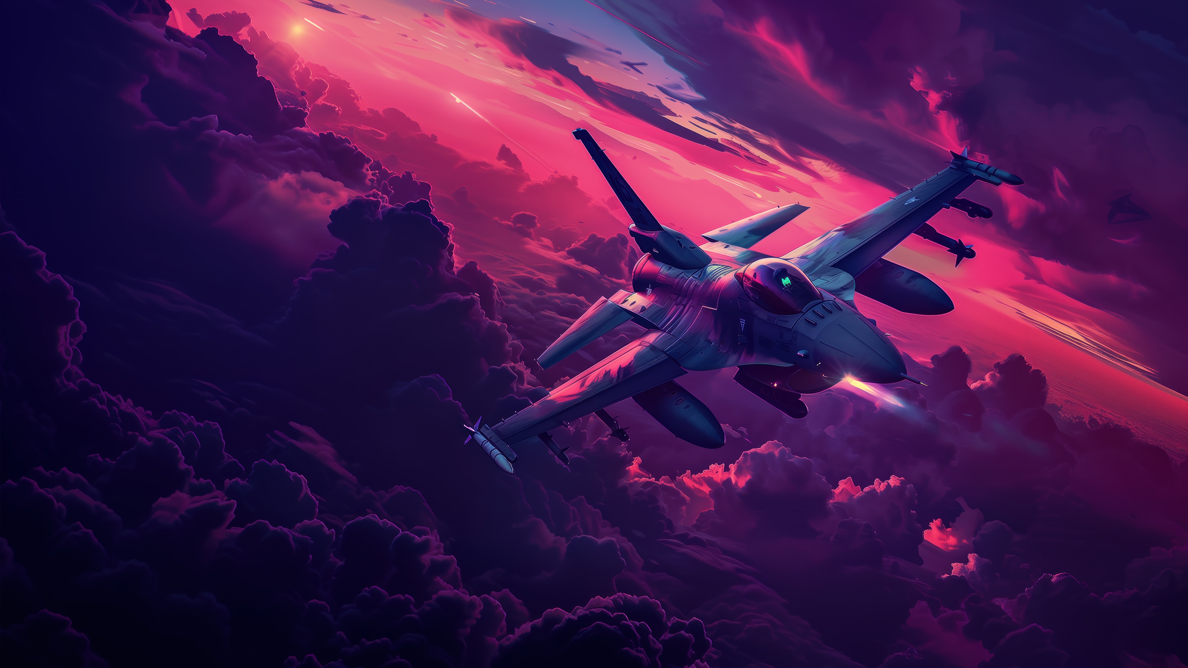 Fighter Jet Flying Through Pink and Purple Clouds 4K HD Wallpaper