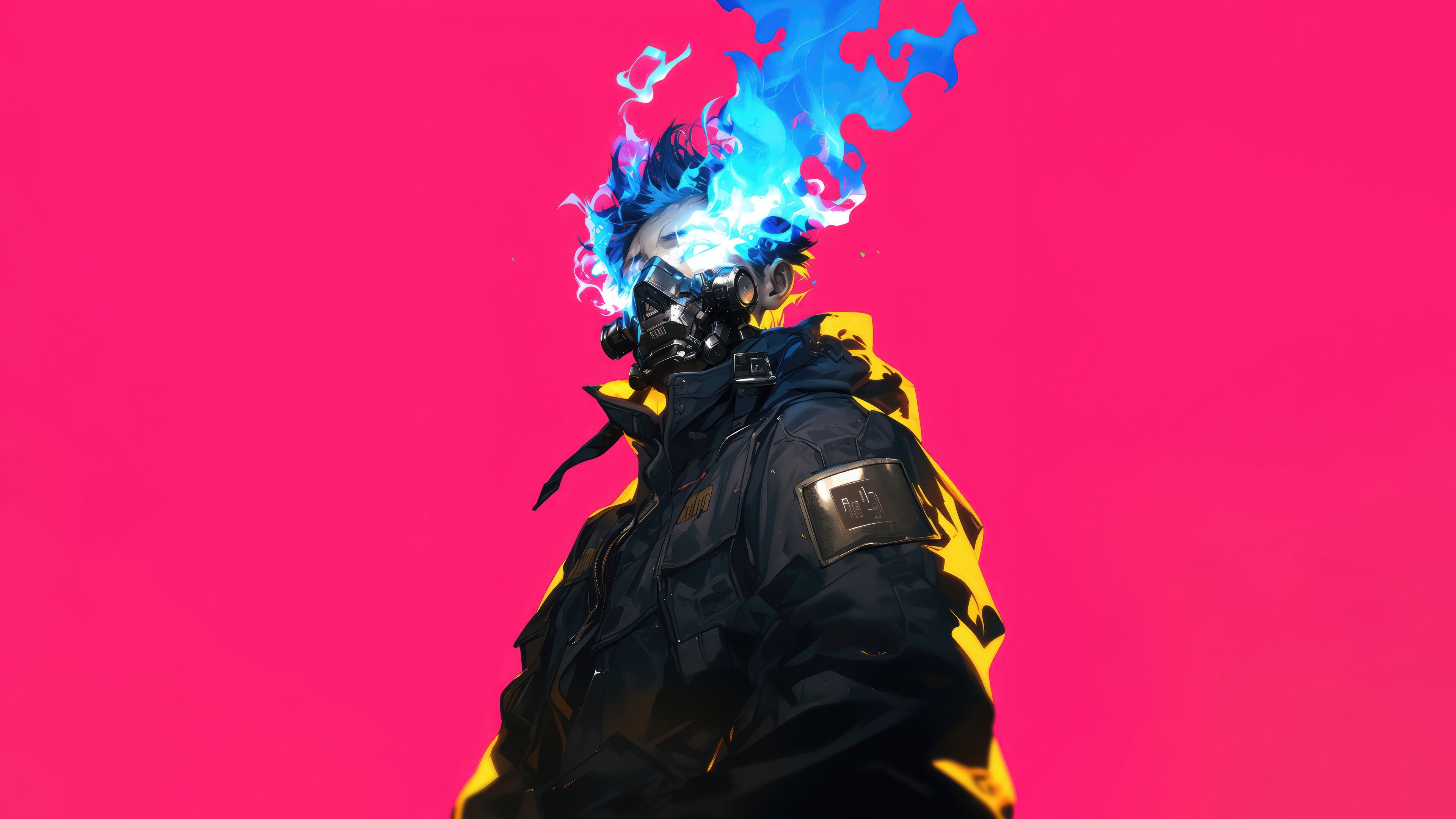 Cyberpunk character with blue flames on head 4K HD Wallpaper