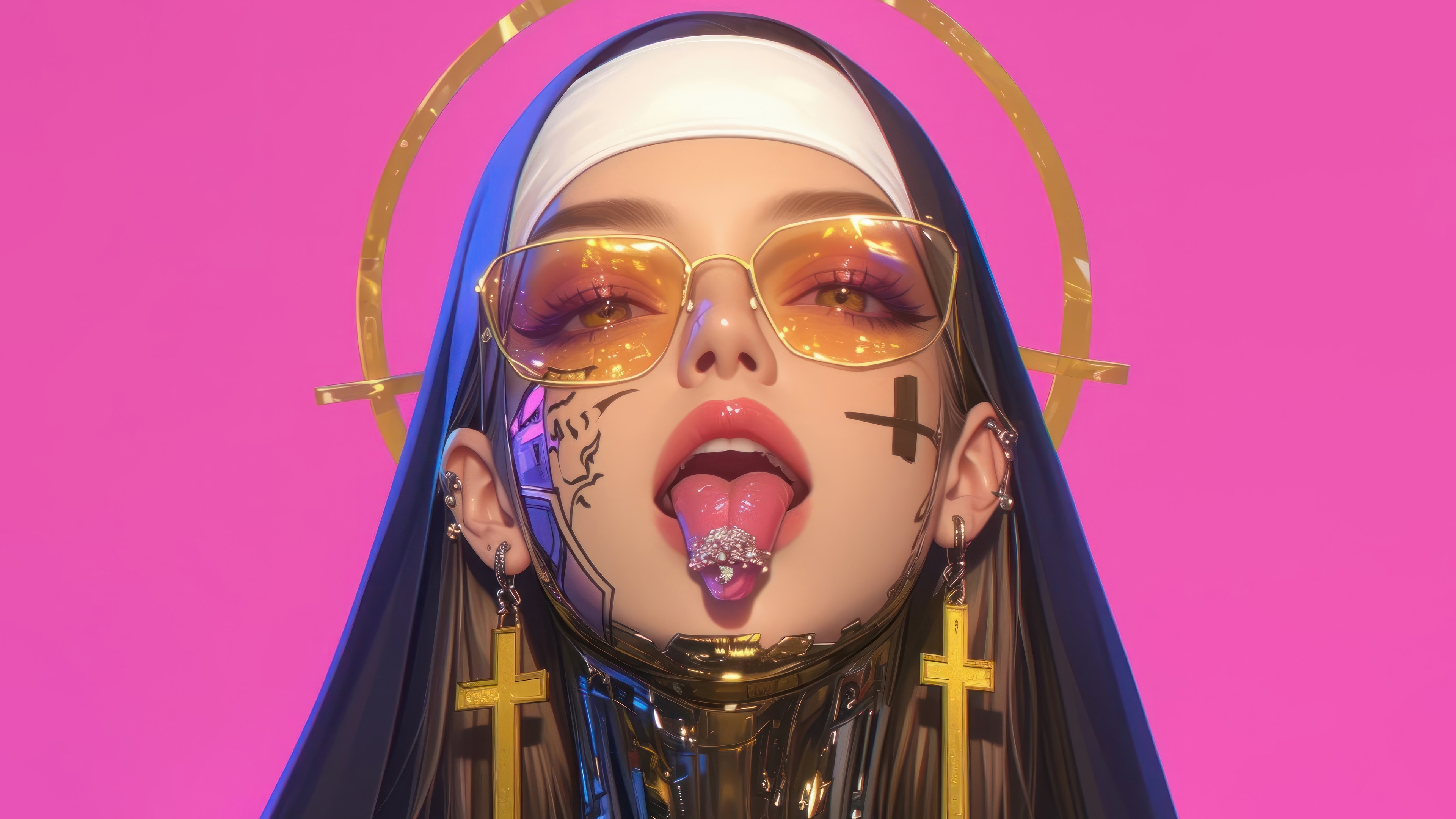 Anime Nun with Glasses and Tongue Out 4K HD Wallpaper