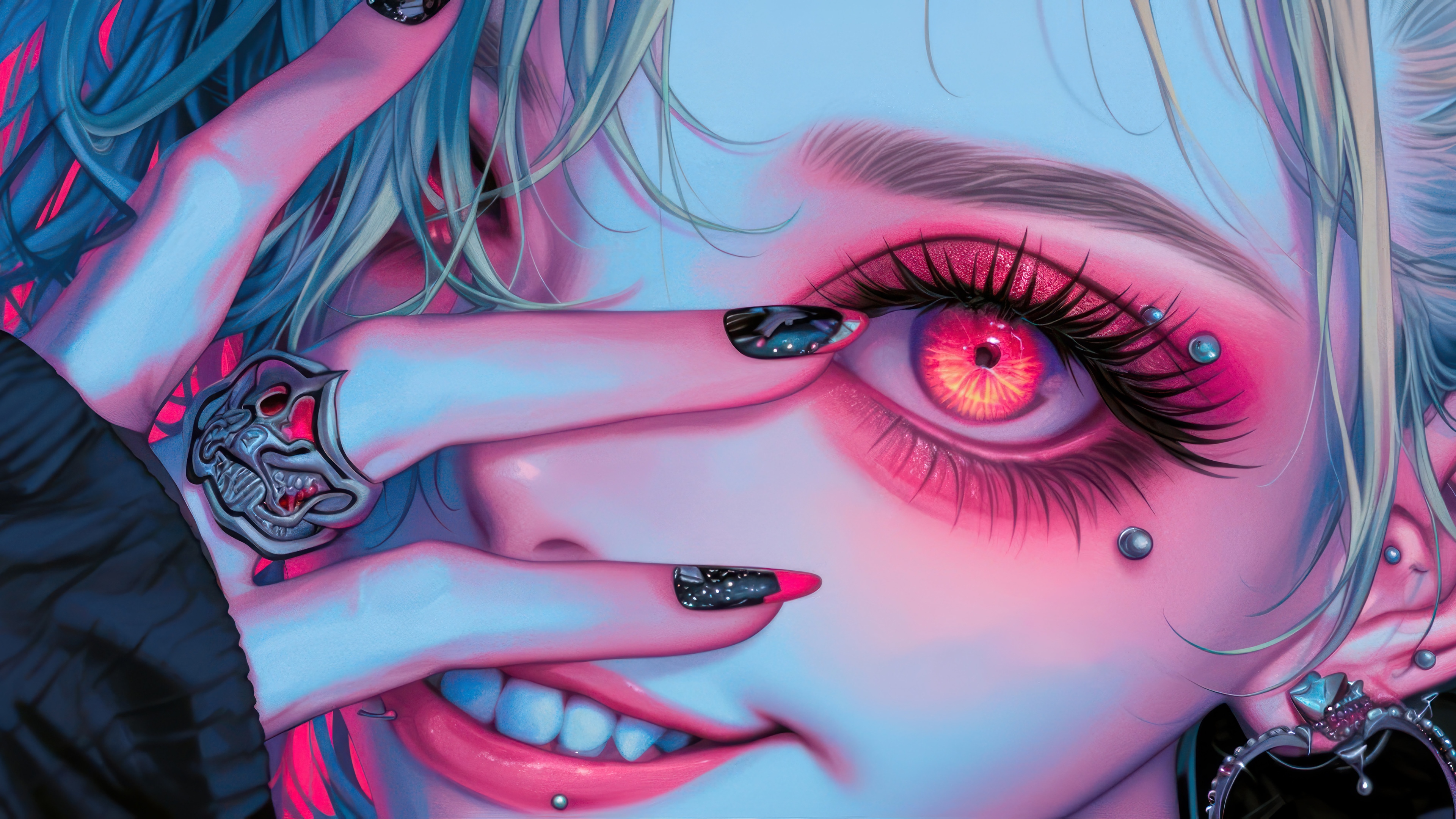 Anime Girl with Red Eyes and Pink Makeup 4K HD Wallpaper