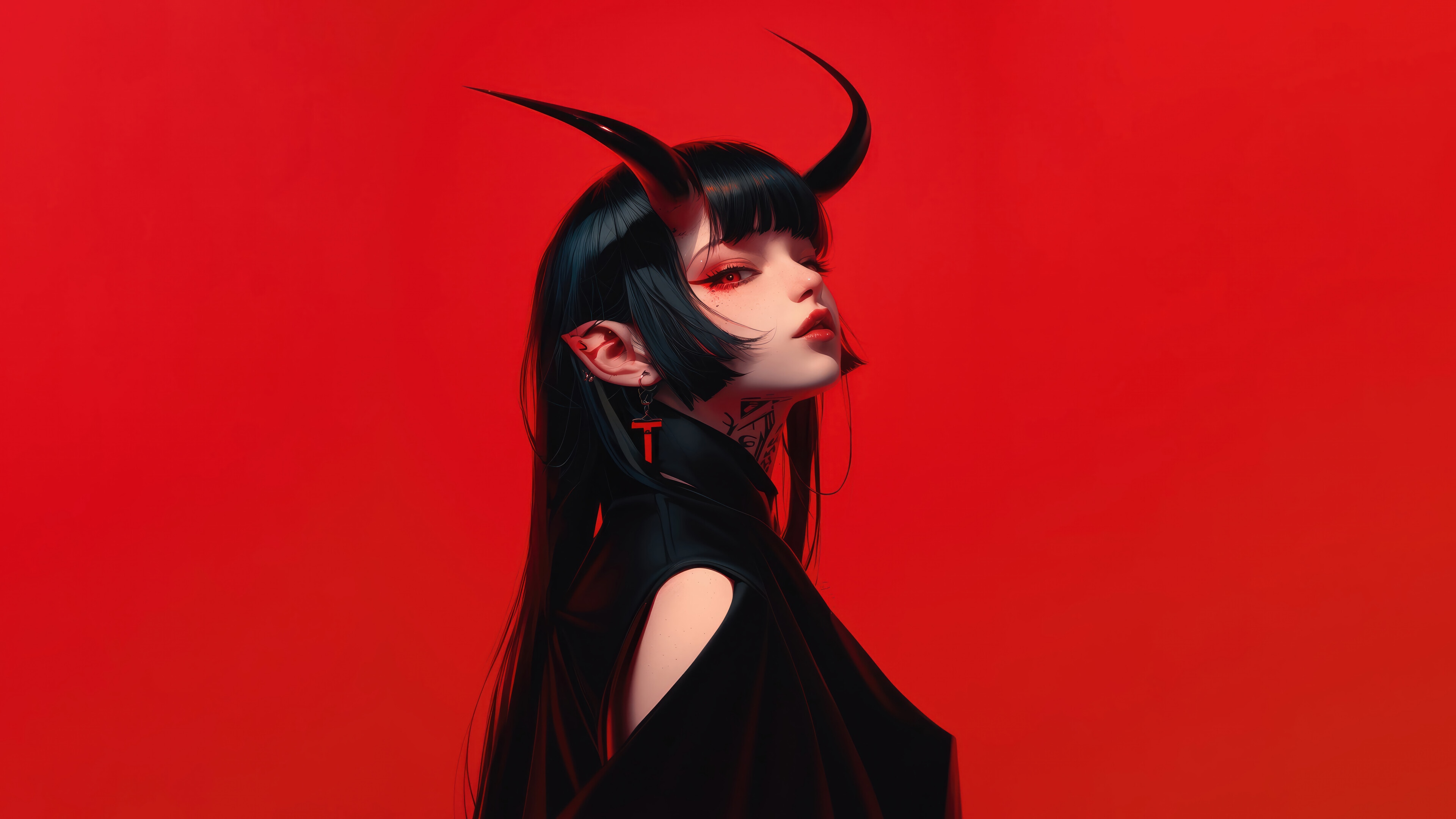 Anime Devil Girl with Black Hair and Horns 4K HD Wallpaper