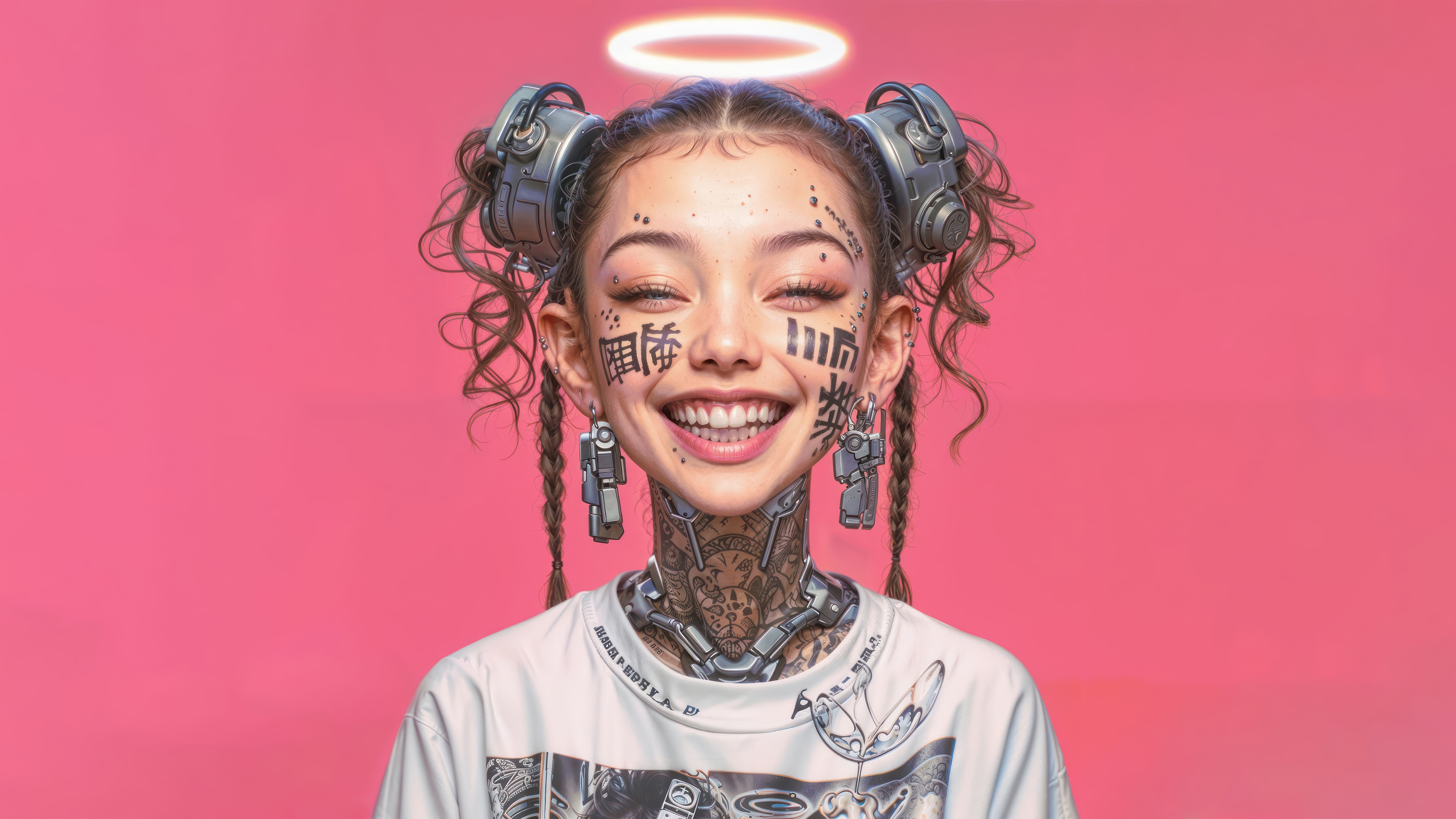 Anime Girl with Tattoos and Cyberpunk Augmentations 4K HD Wallpaper