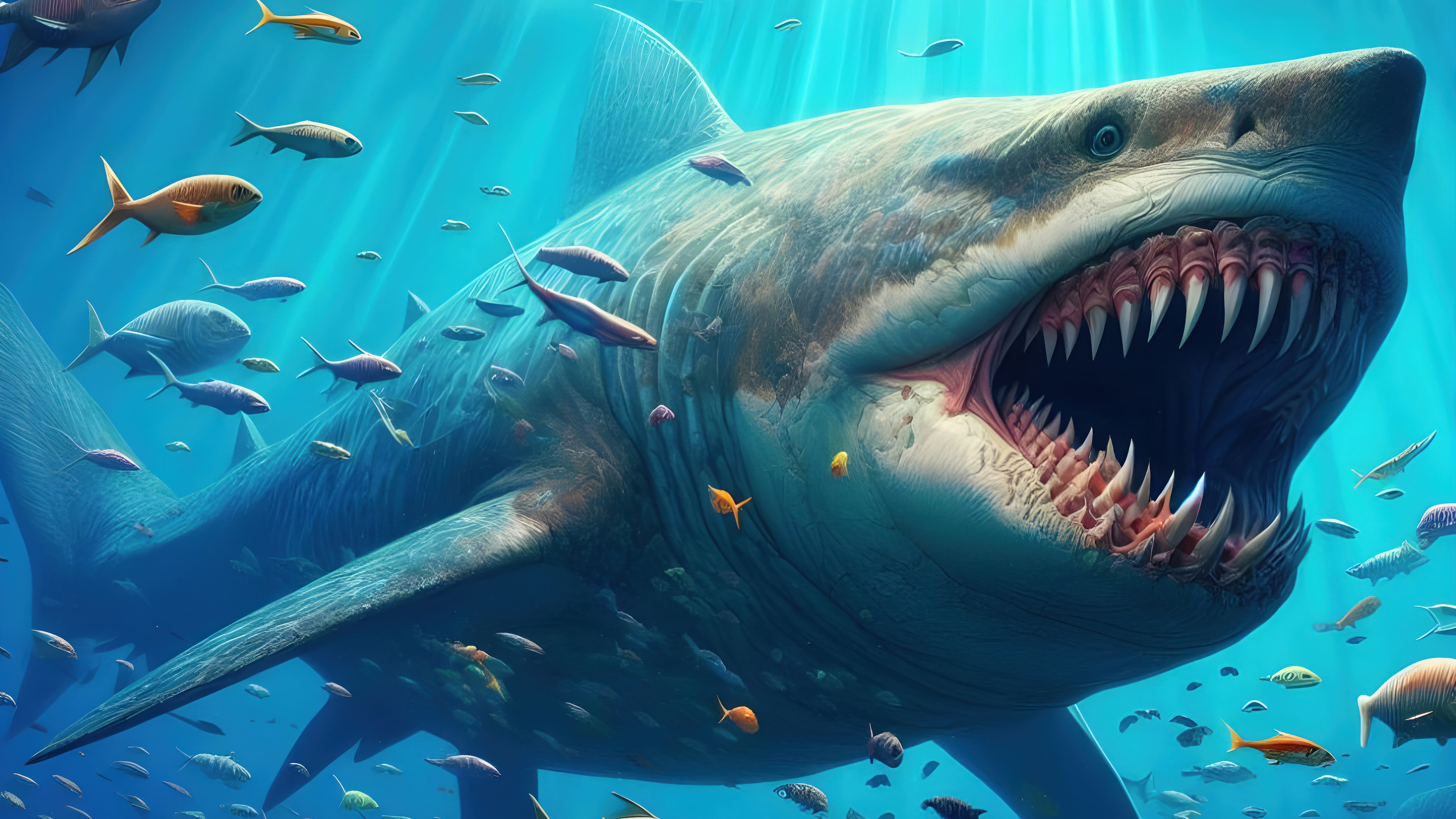 Great White Shark with many fish underwater 4K HD Wallpaper