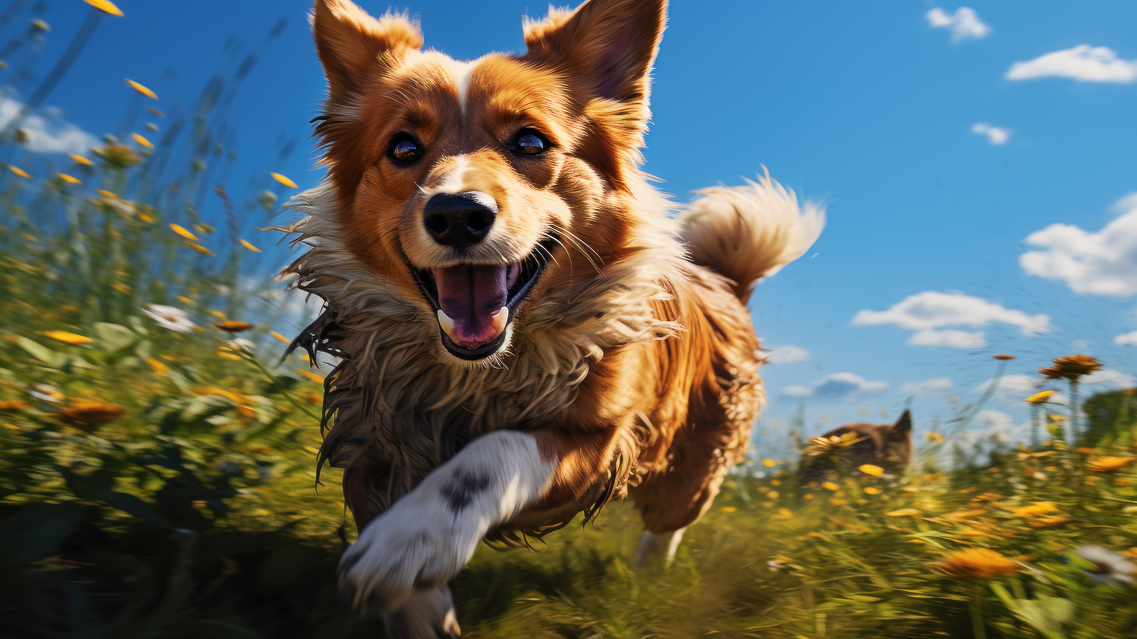 Happy Corgi Running in a Field of Flowers 4K HD Wallpaper