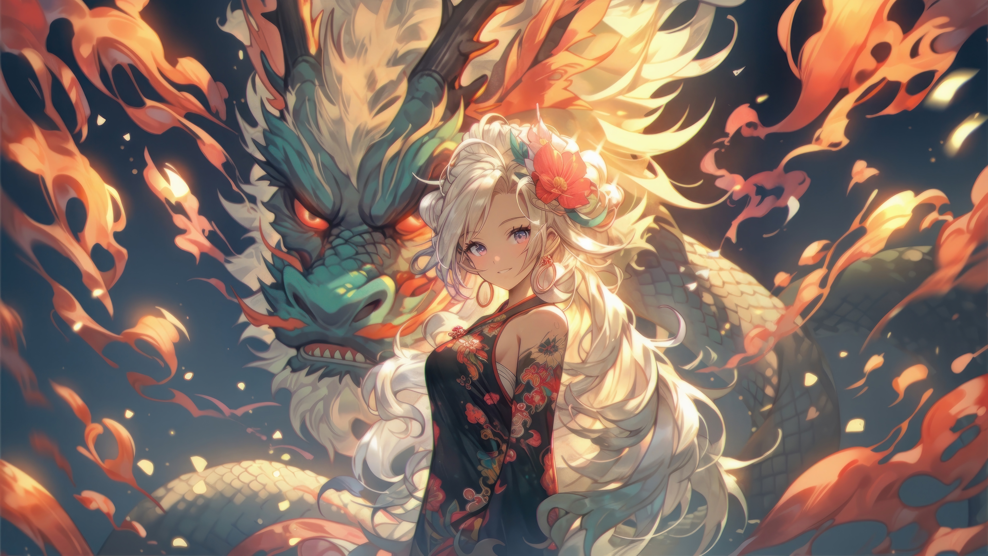 Anime Girl and Dragon in Fantasy 4K HD Wallpaper