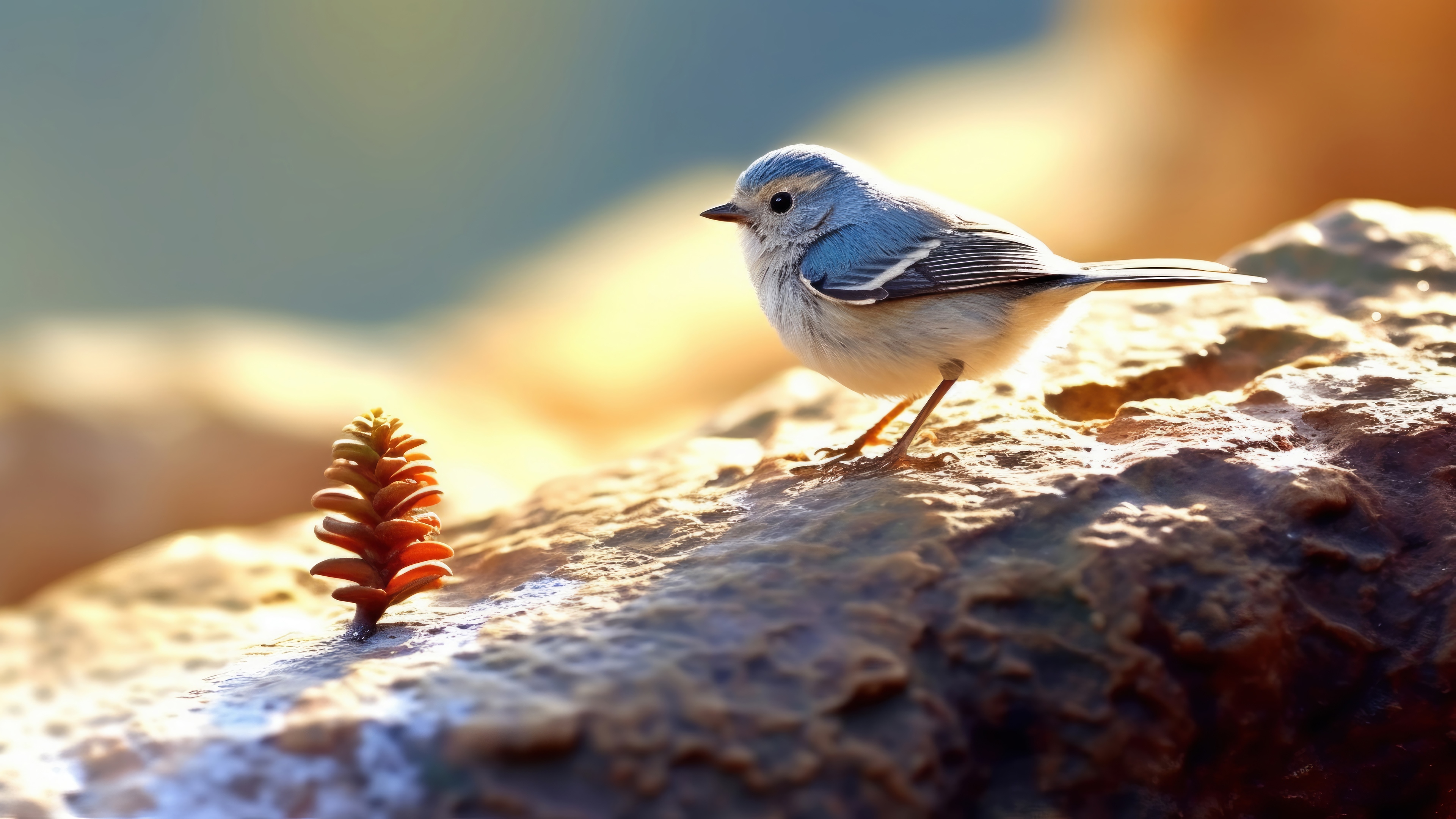 A small blue bird on a rock with a plant HD Wallpaper