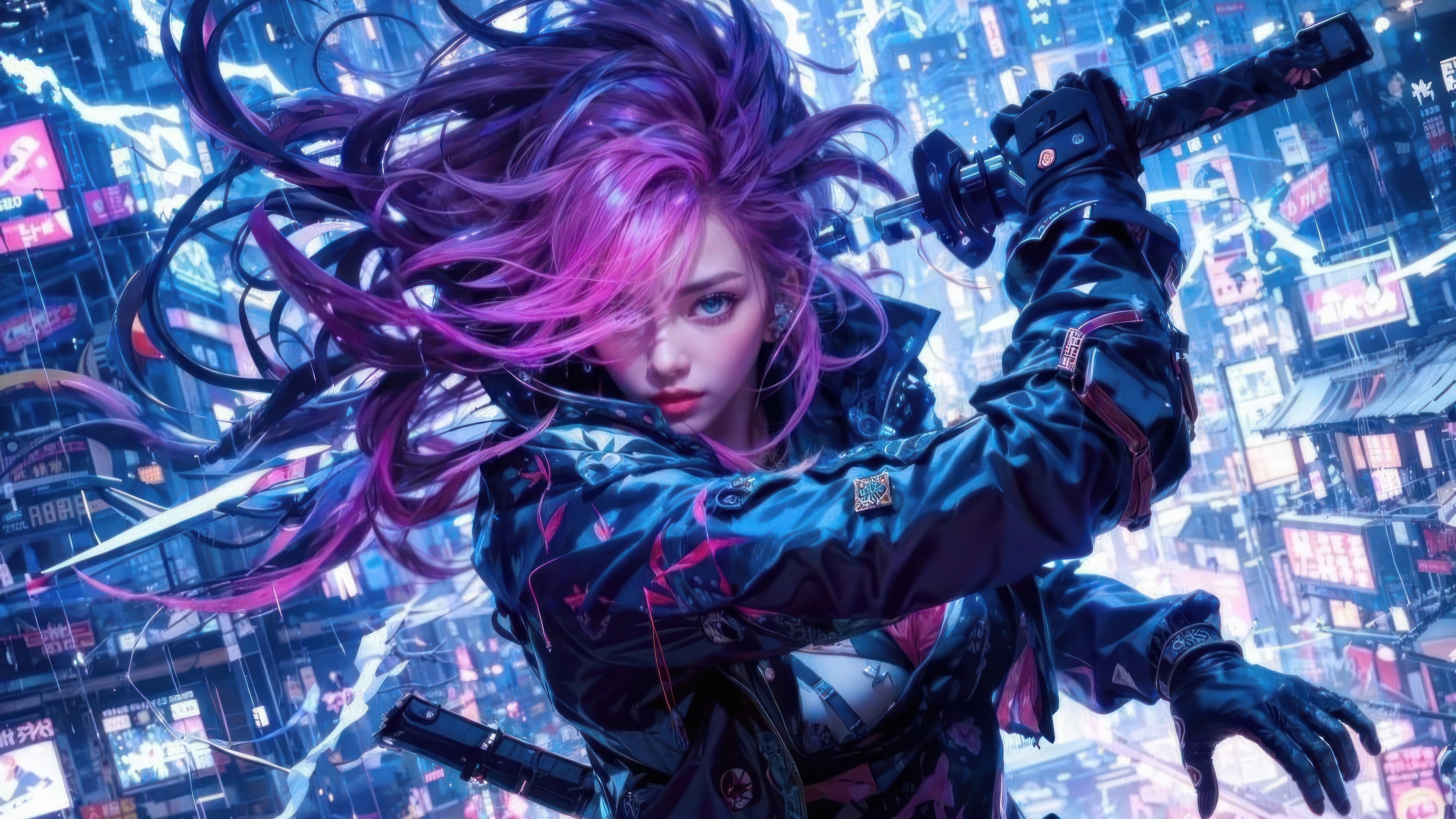 Cyberpunk Girl with Sword in Neon City 4K HD Wallpaper