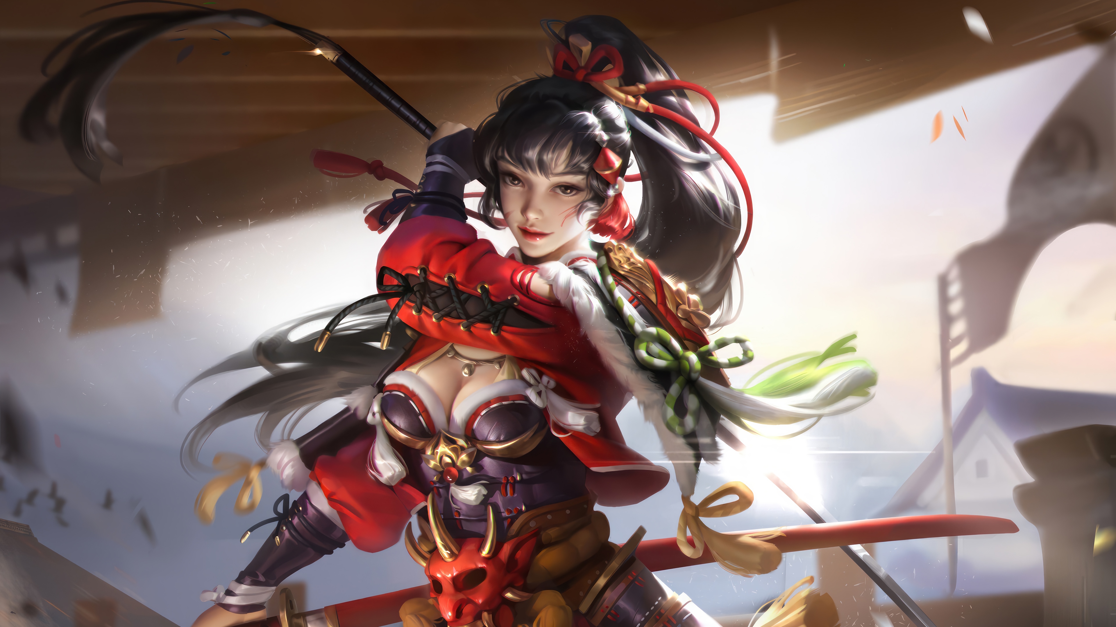 Fantasy Warrior Girl with Whip and Swords 4K HD Wallpaper
