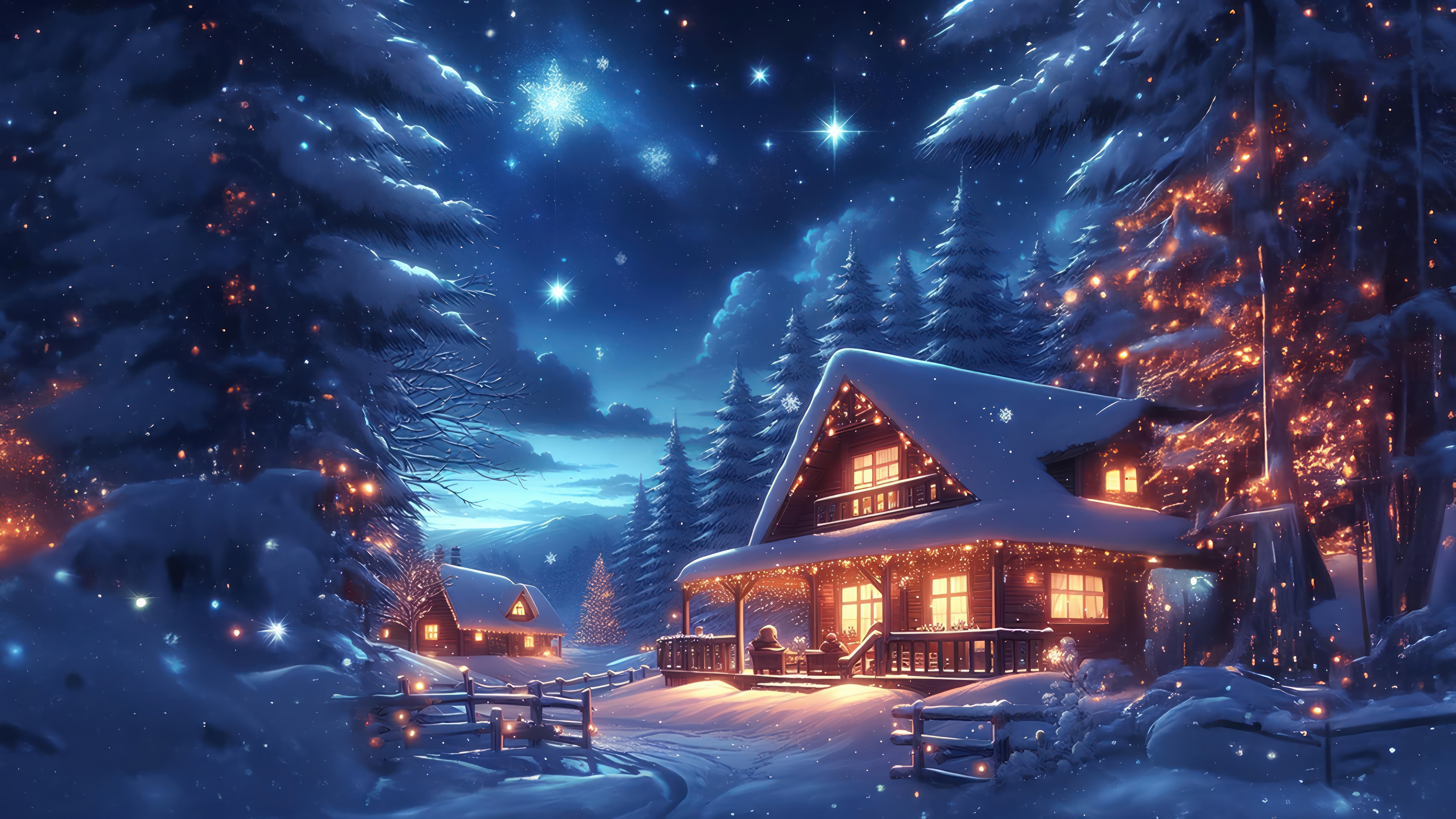 Cozy Winter House with Christmas Lights at Night 4K HD Wallpaper
