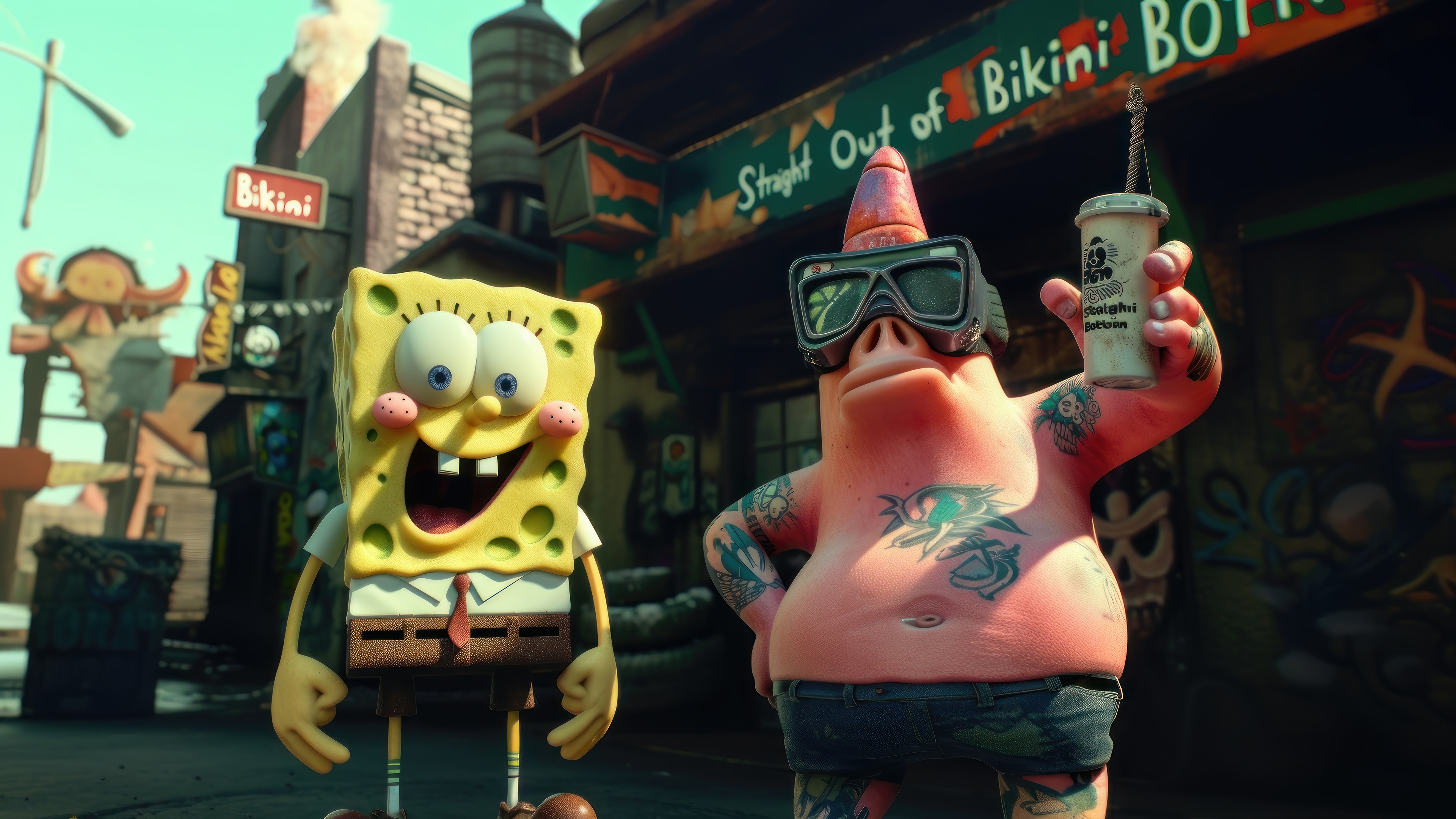 SpongeBob SquarePants and Patrick Star in Bikini Bottom 4K HD Wallpaper
