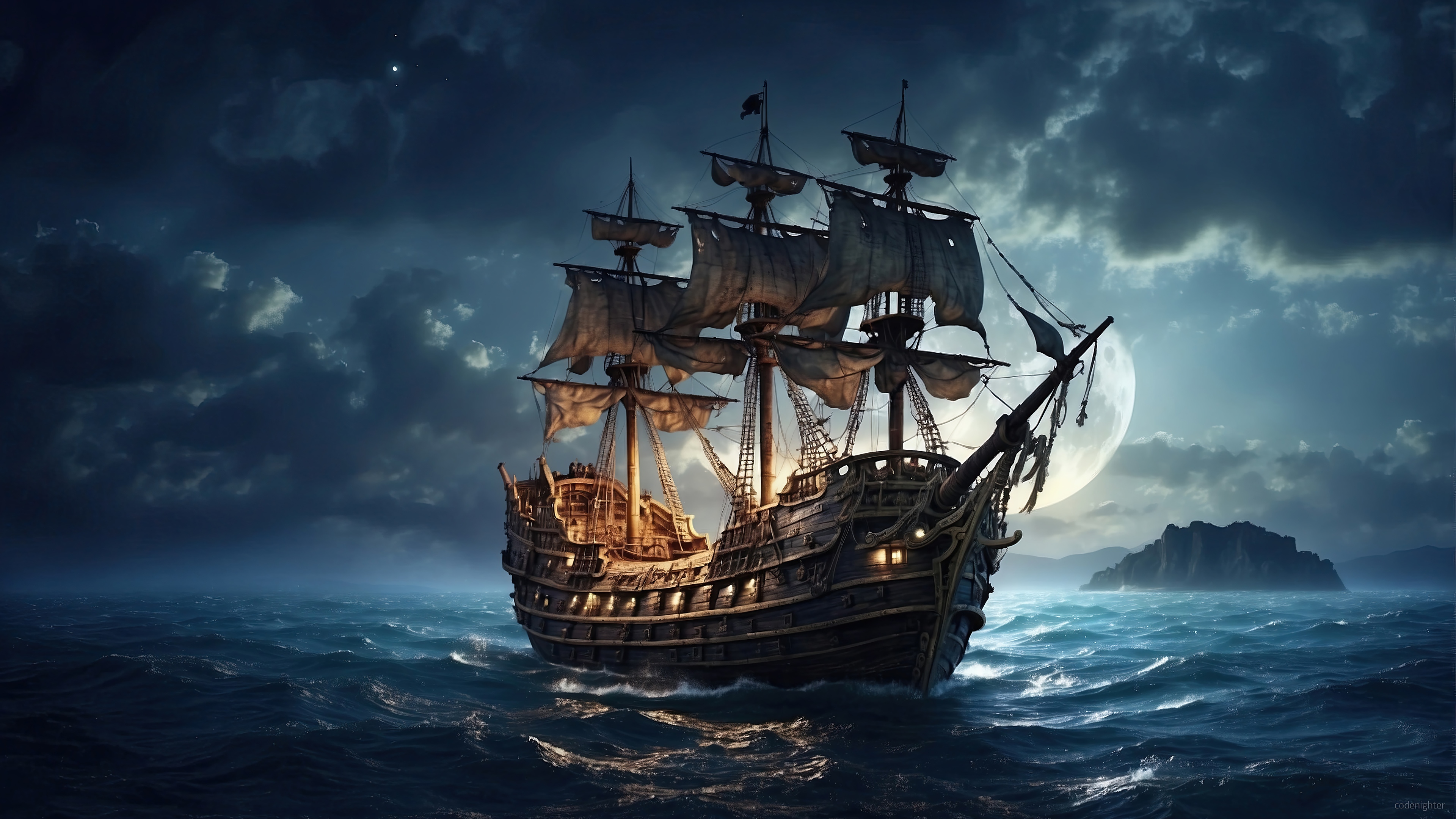Pirate Ship Sailing on the Ocean at Night 4K HD Wallpaper