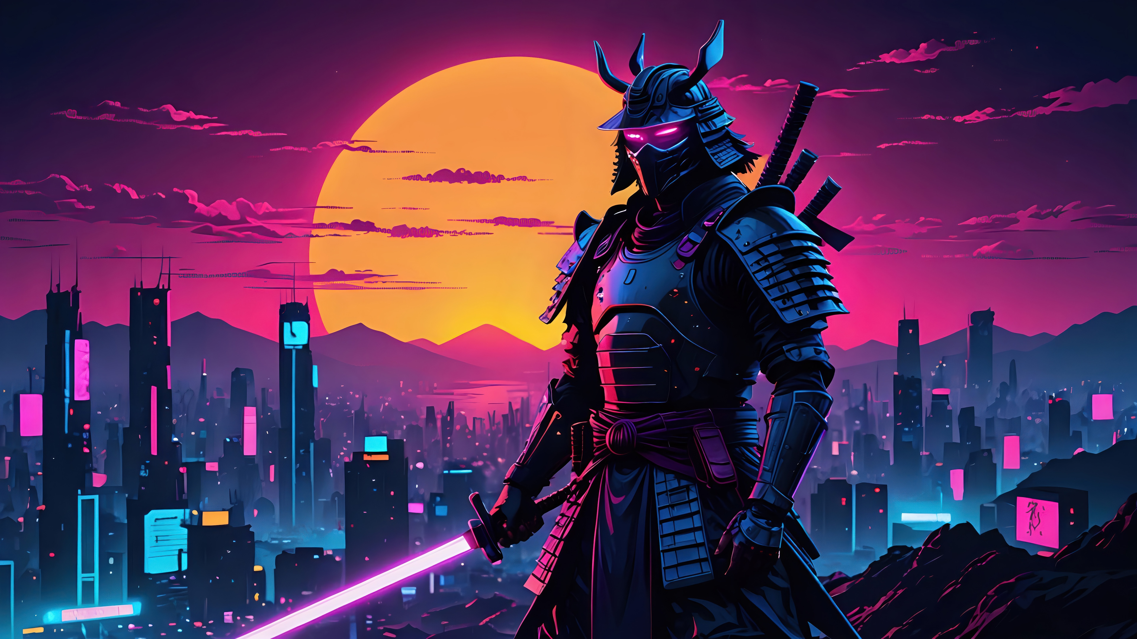 Sci-Fi Samurai in Neon City at Sunset 4K HD Wallpaper