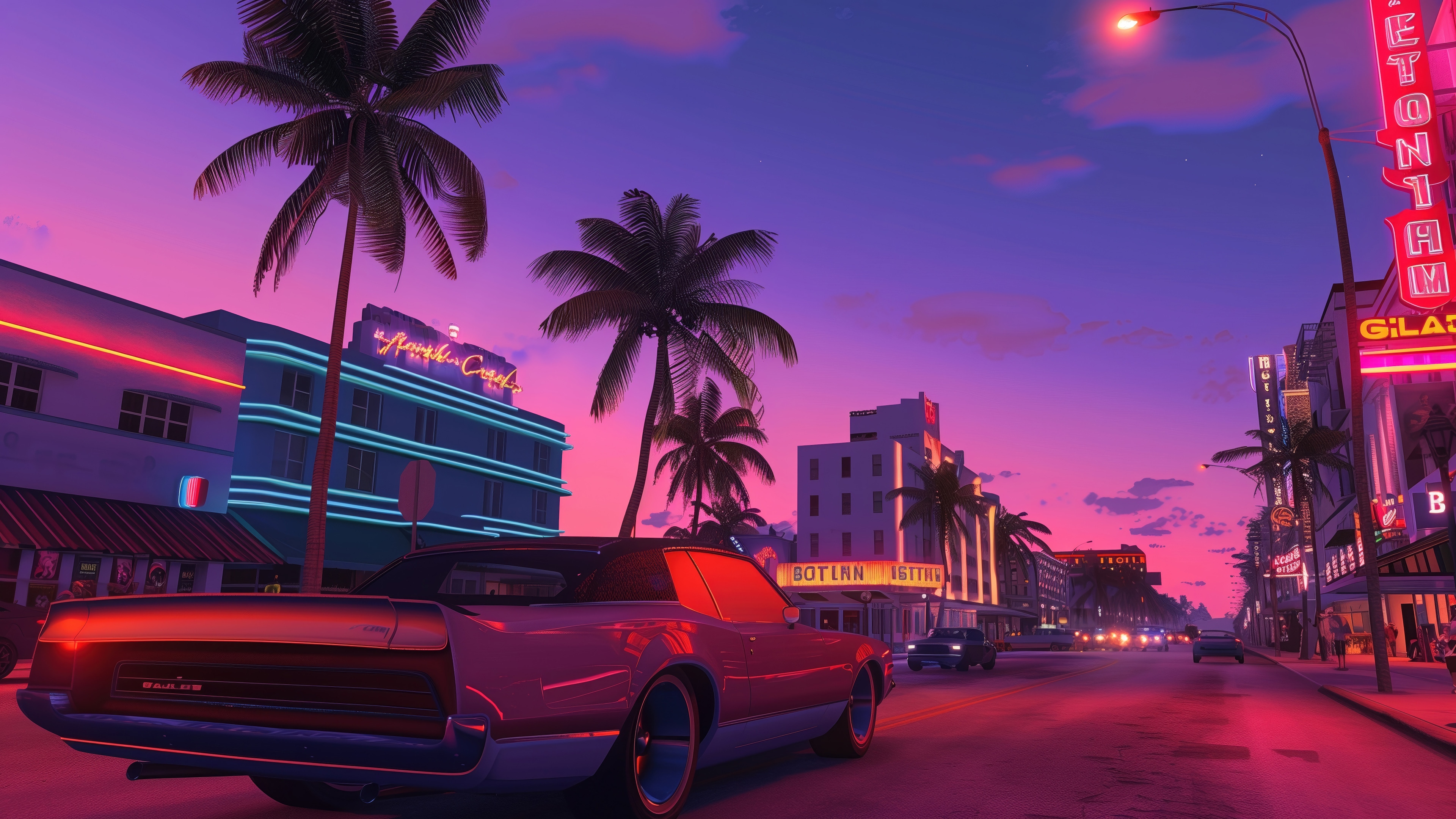 Retro Car on a Neon Street at Sunset 4K HD Wallpaper
