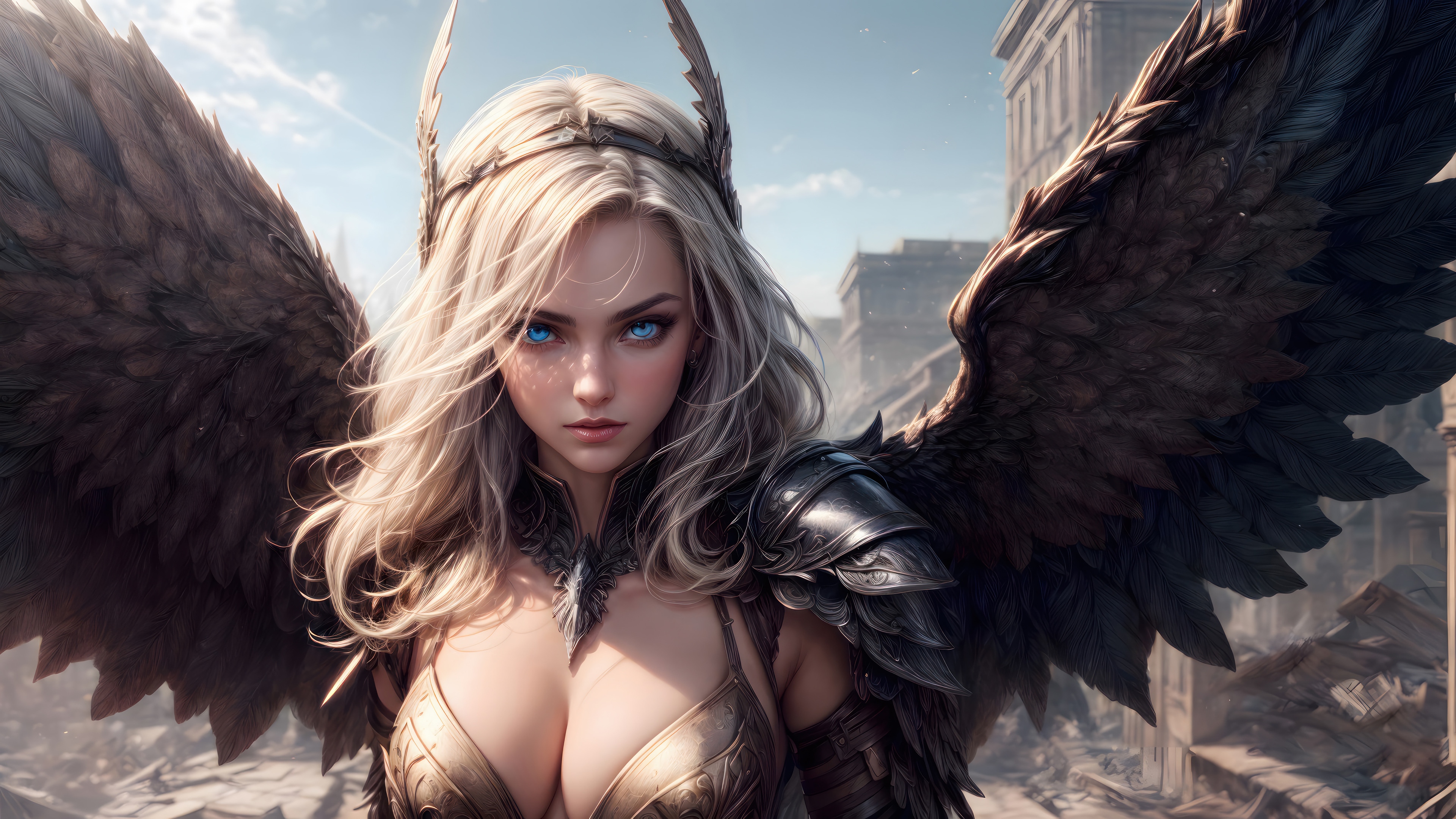 Blonde Warrior Girl with Wings 4K HD Wallpaper
