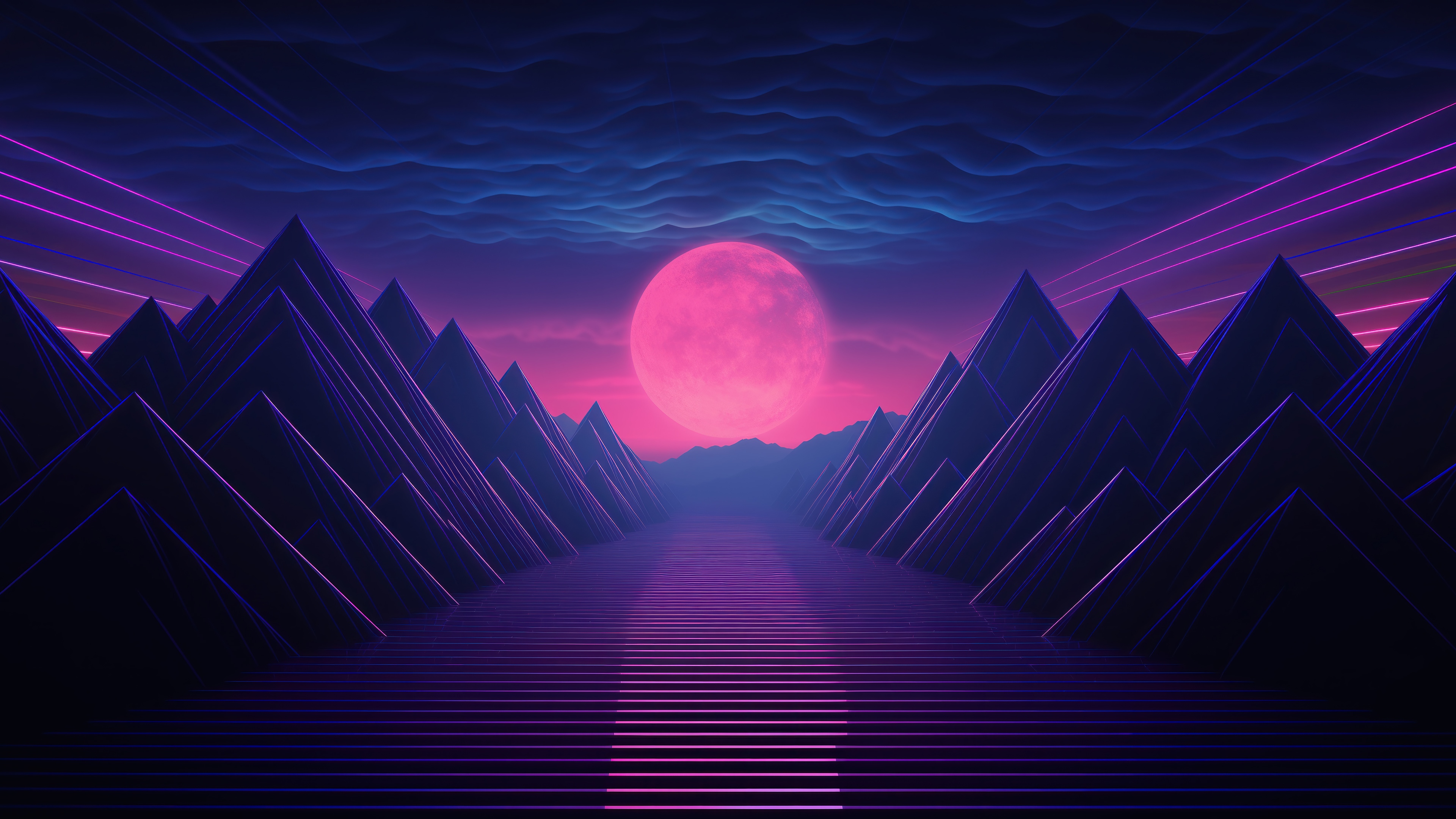 Pink Moon Over Mountains with Neon Lights 4K HD Wallpaper