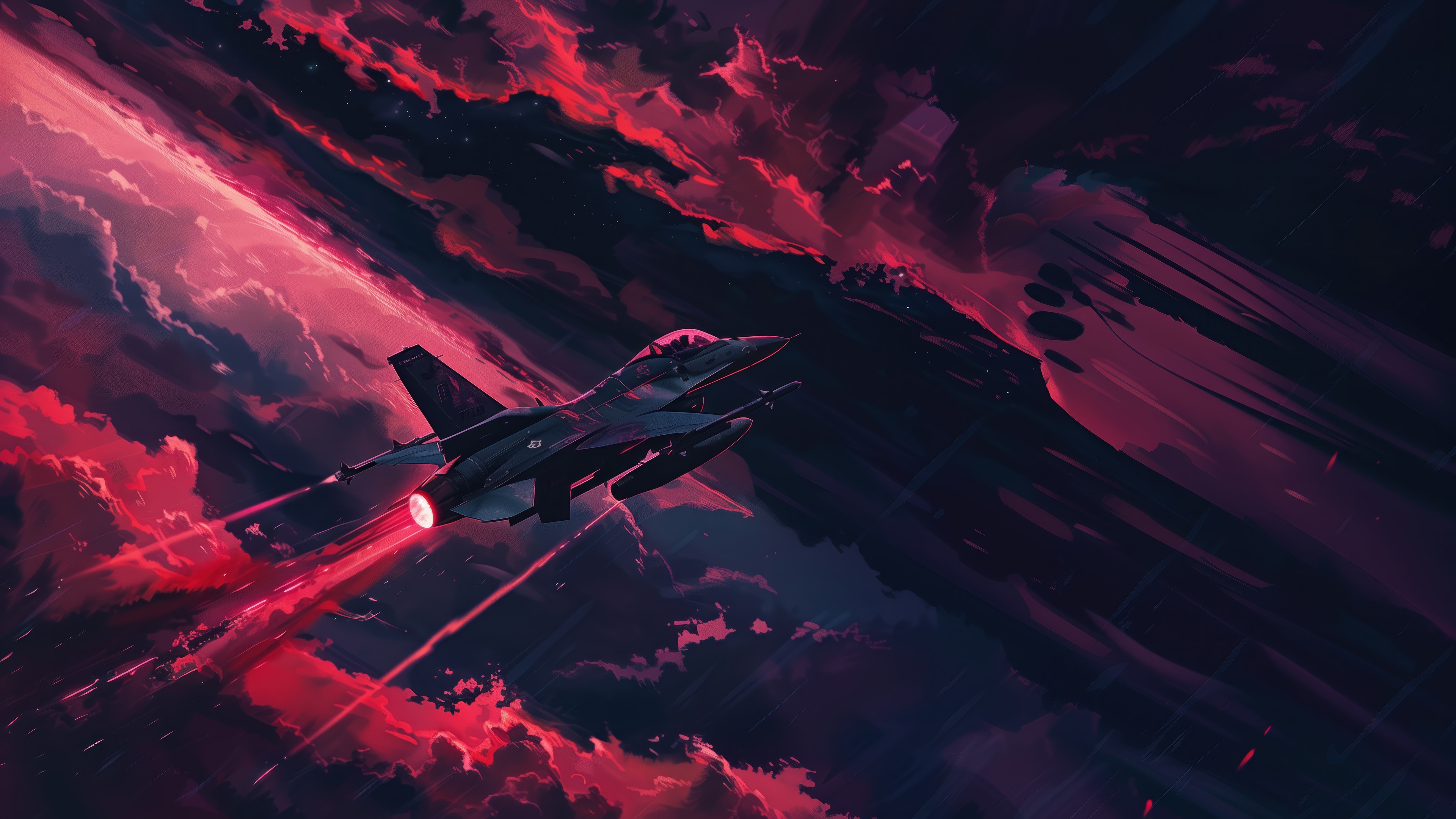 Fighter Jet Flying Through Red Clouds 4K HD Wallpaper
