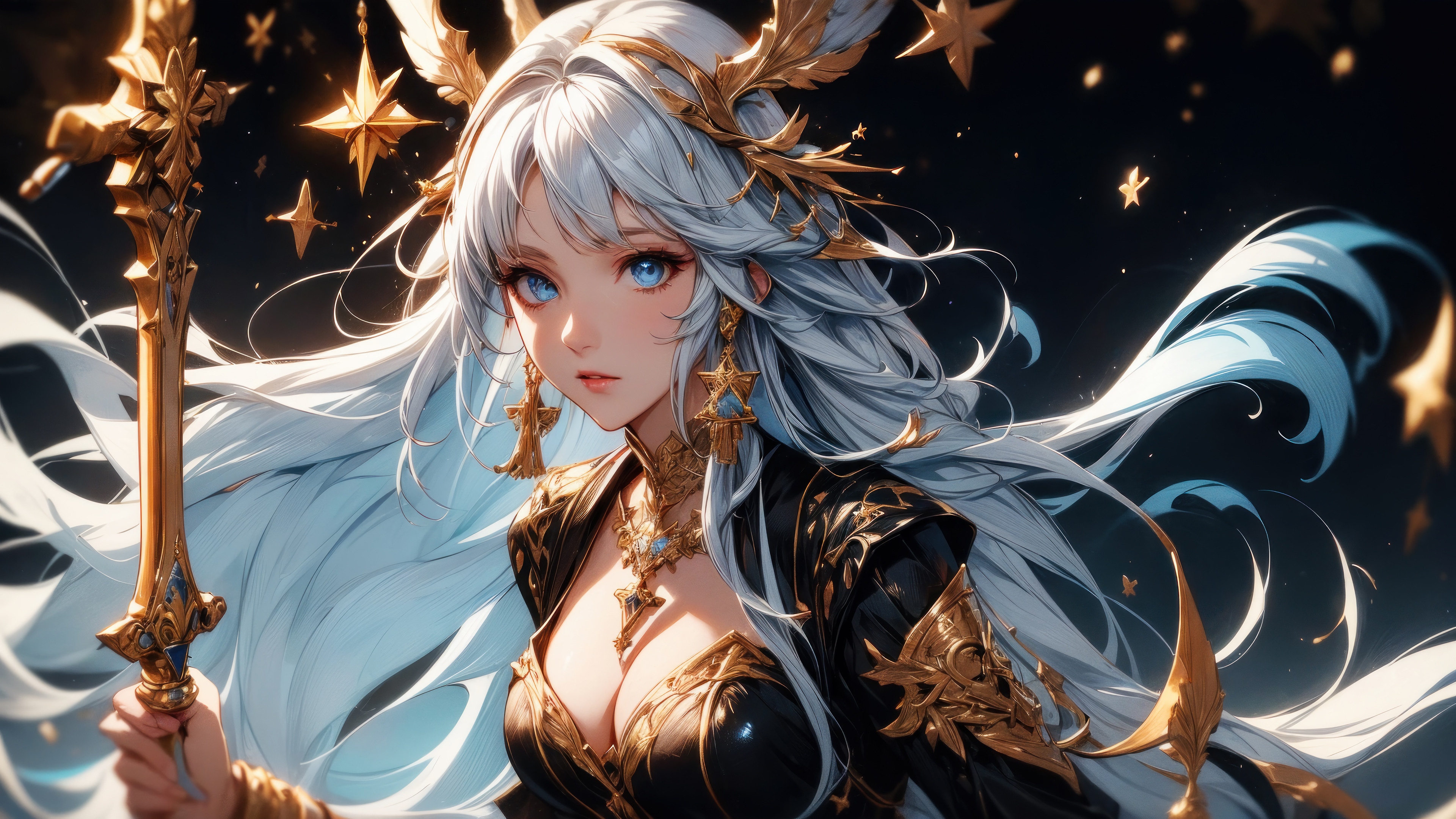 Fantasy Anime Girl with Golden Staff and Stars 4K HD Wallpaper