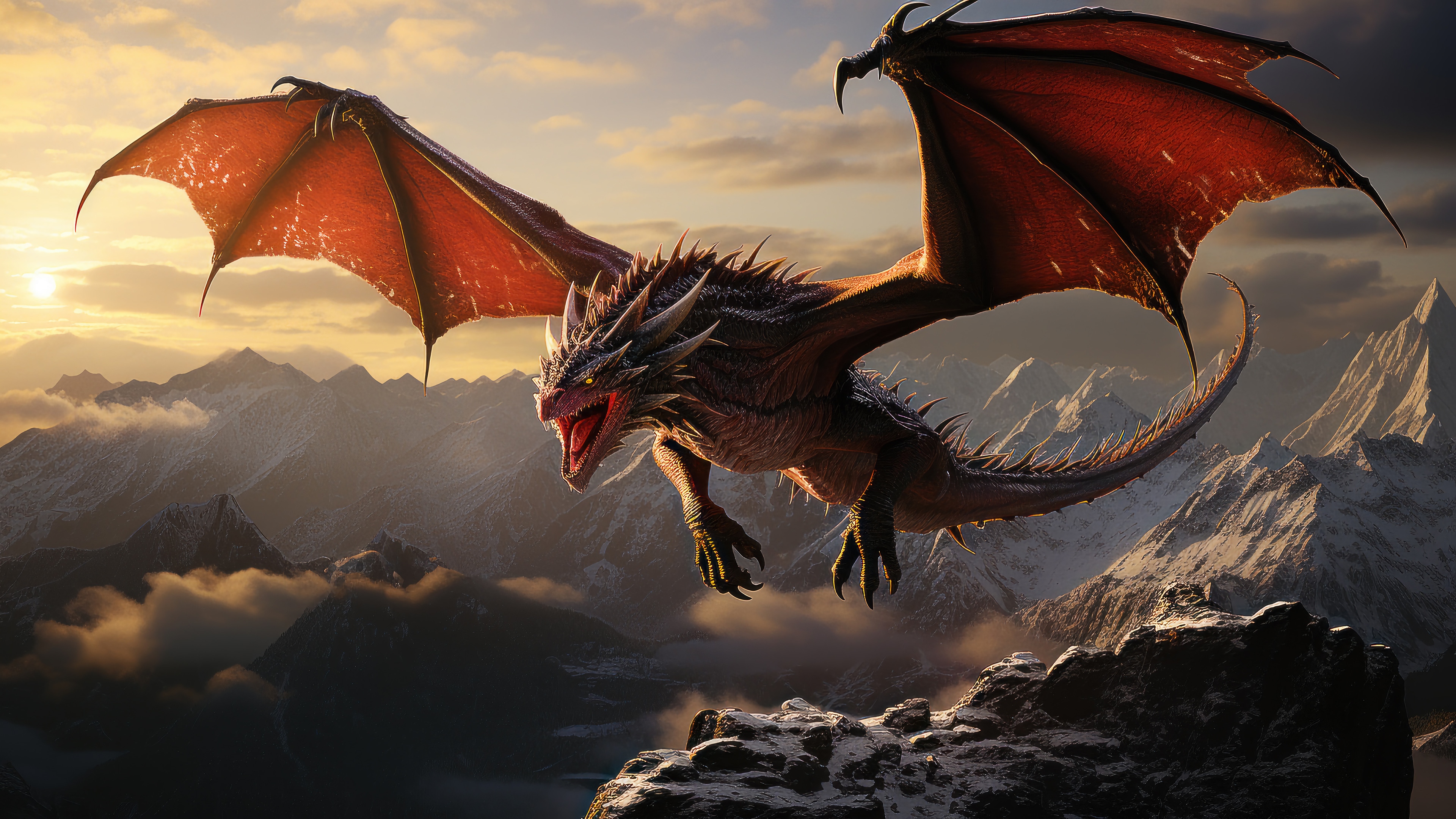 Dragon flying over snowy mountains at sunset HD Wallpaper