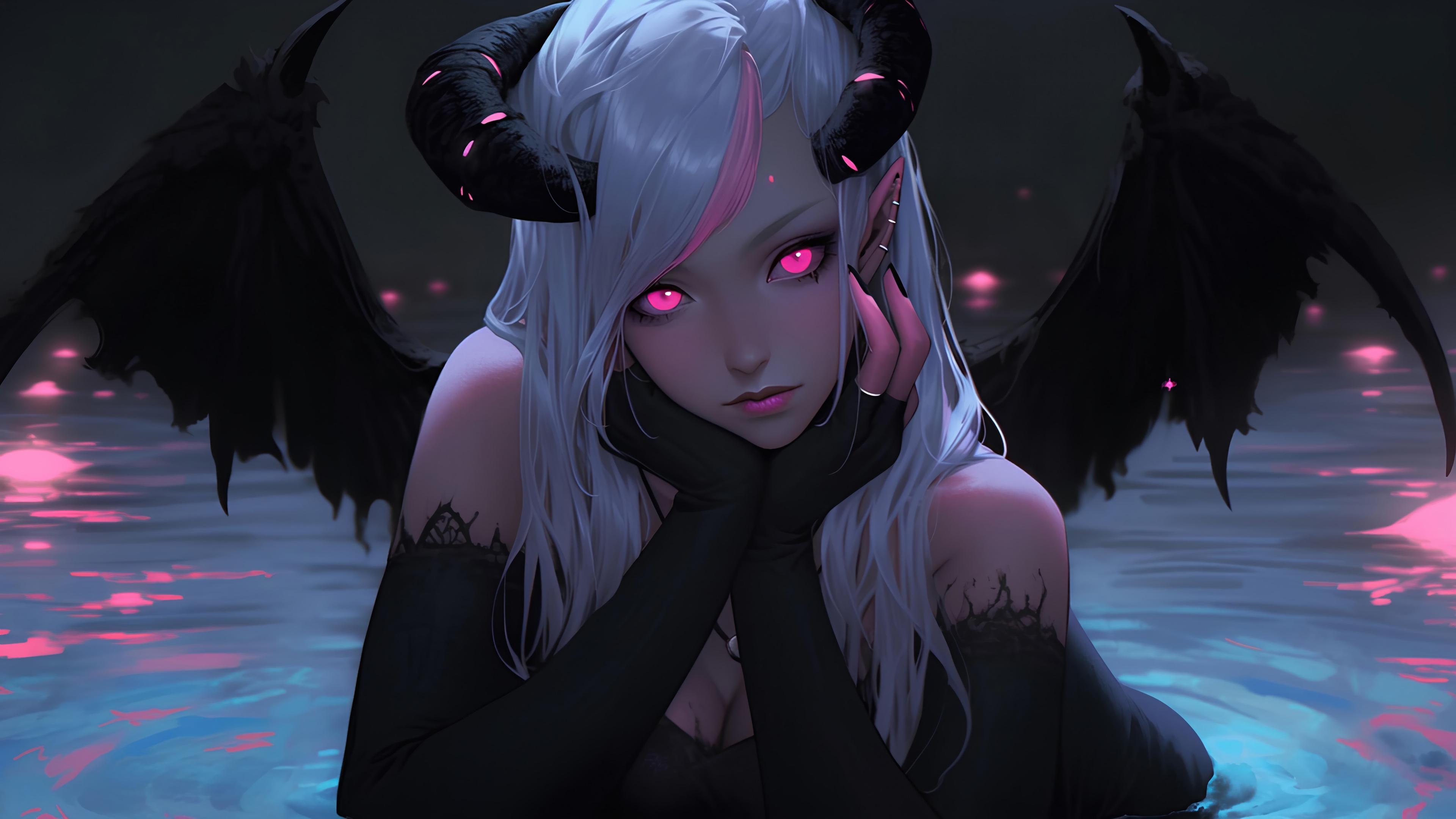 Demon girl with black wings and pink eyes HD Wallpaper