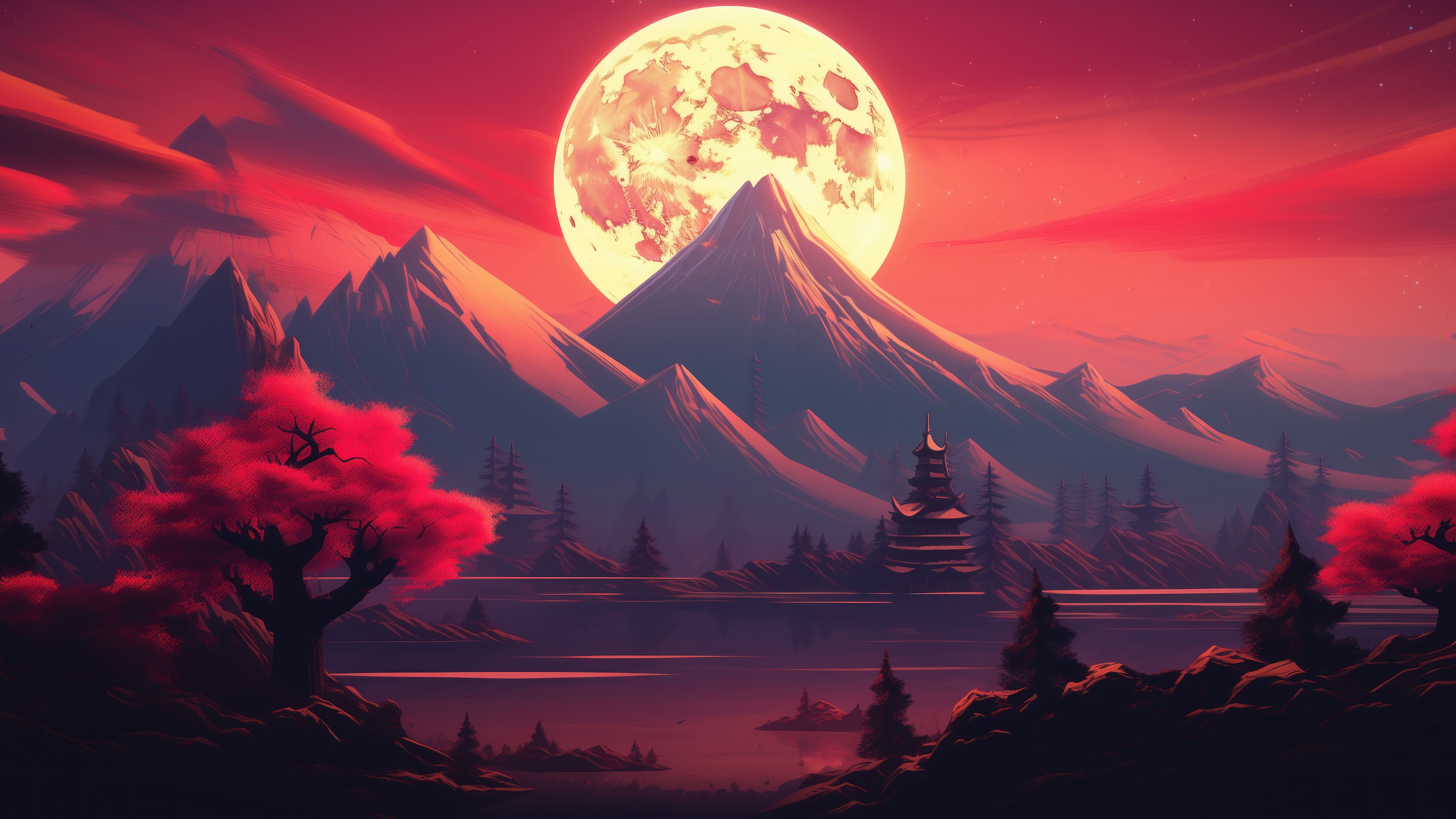 Moonlit Mountain Scenery 4K HD Wallpaper