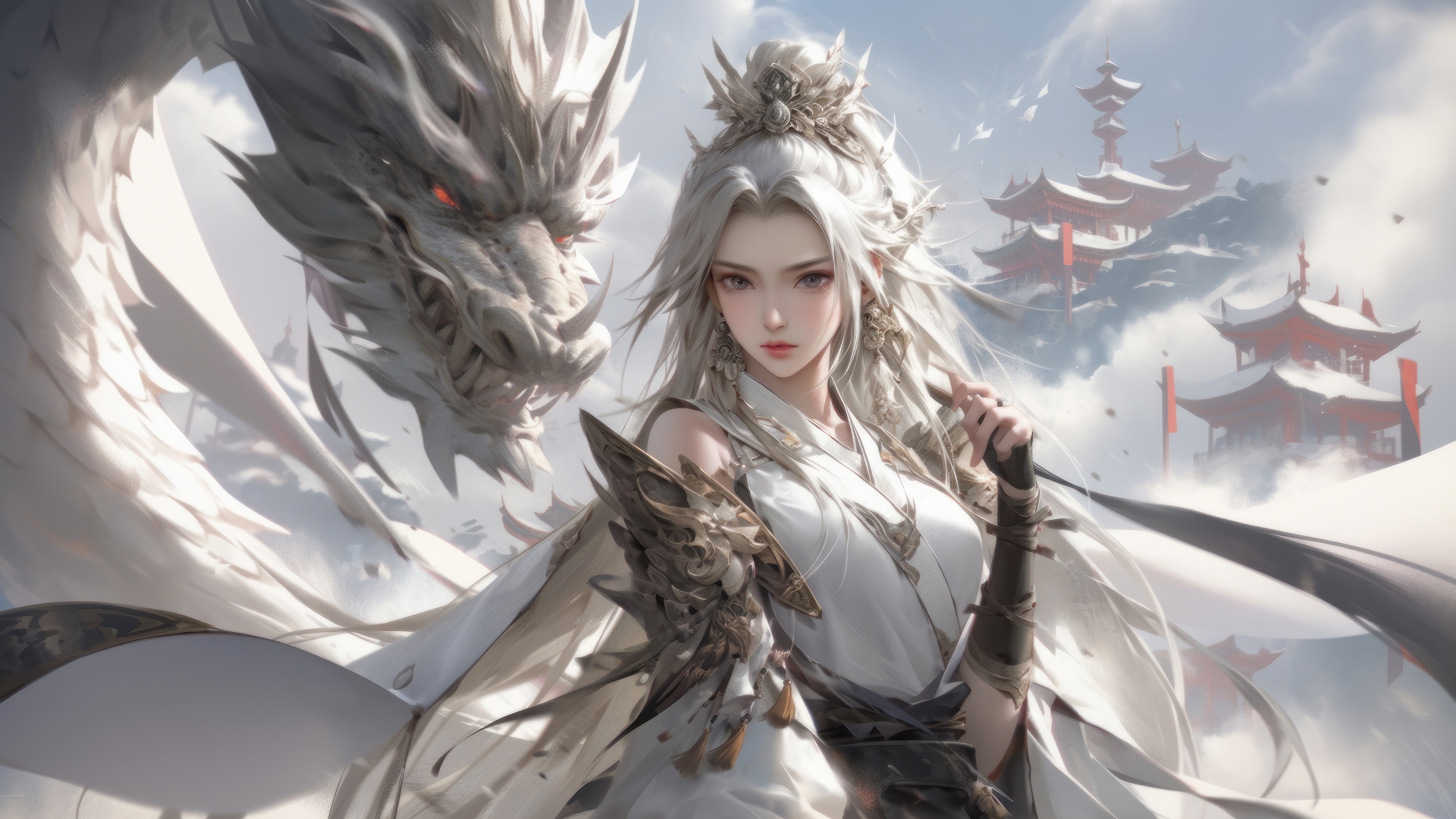 Beautiful Girl and White Dragon in Fantasy 4K HD Wallpaper