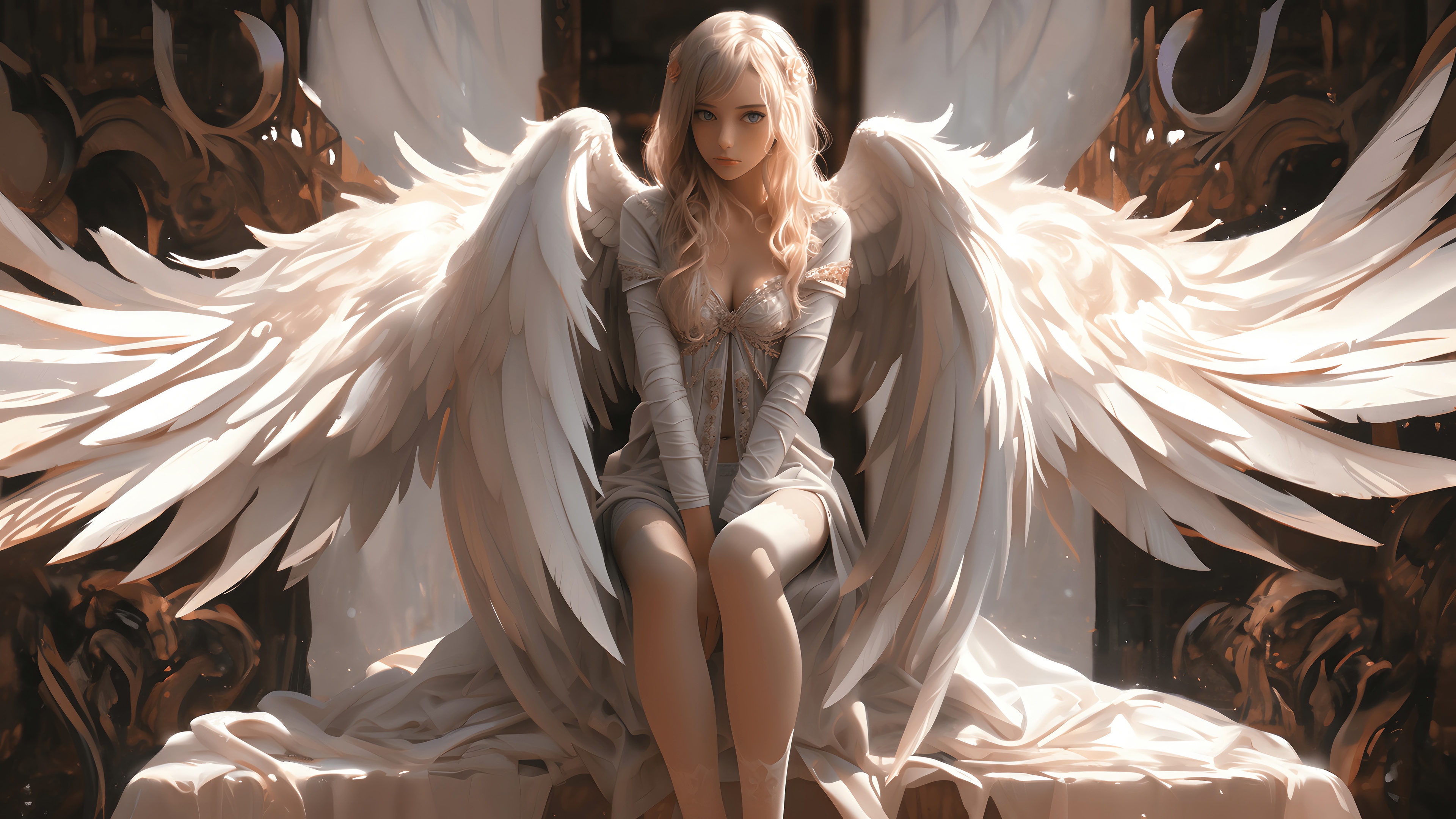 Blonde Angel with Large White Wings 4K HD Wallpaper