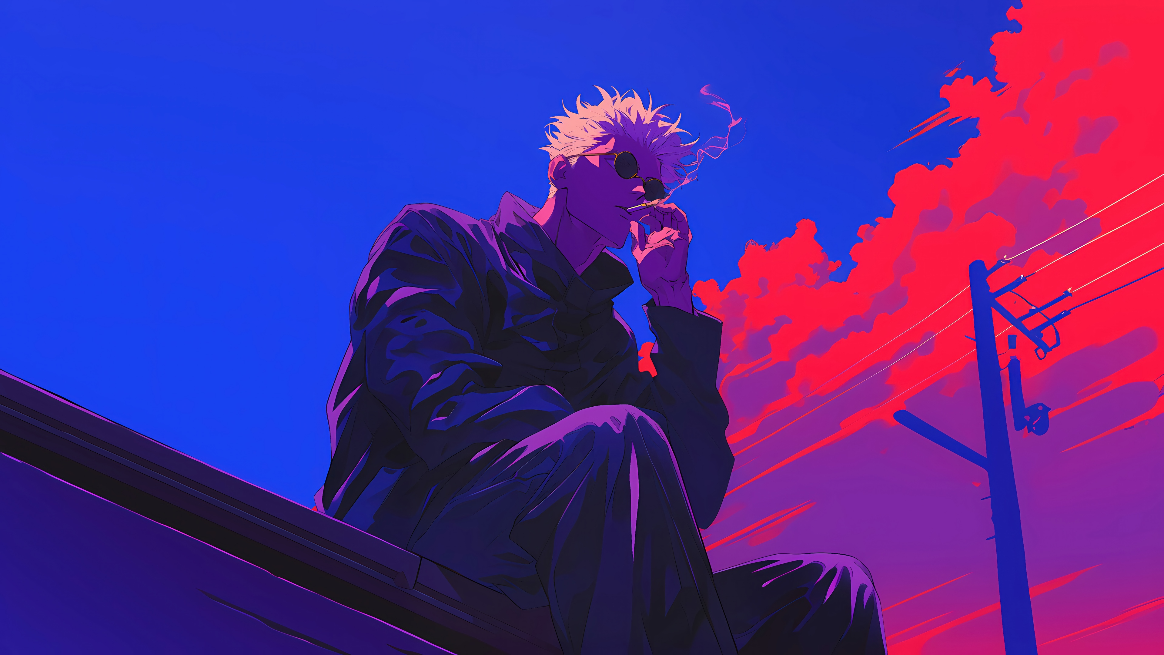 Satoru Gojo smoking against a red and blue sky 4K HD Wallpaper