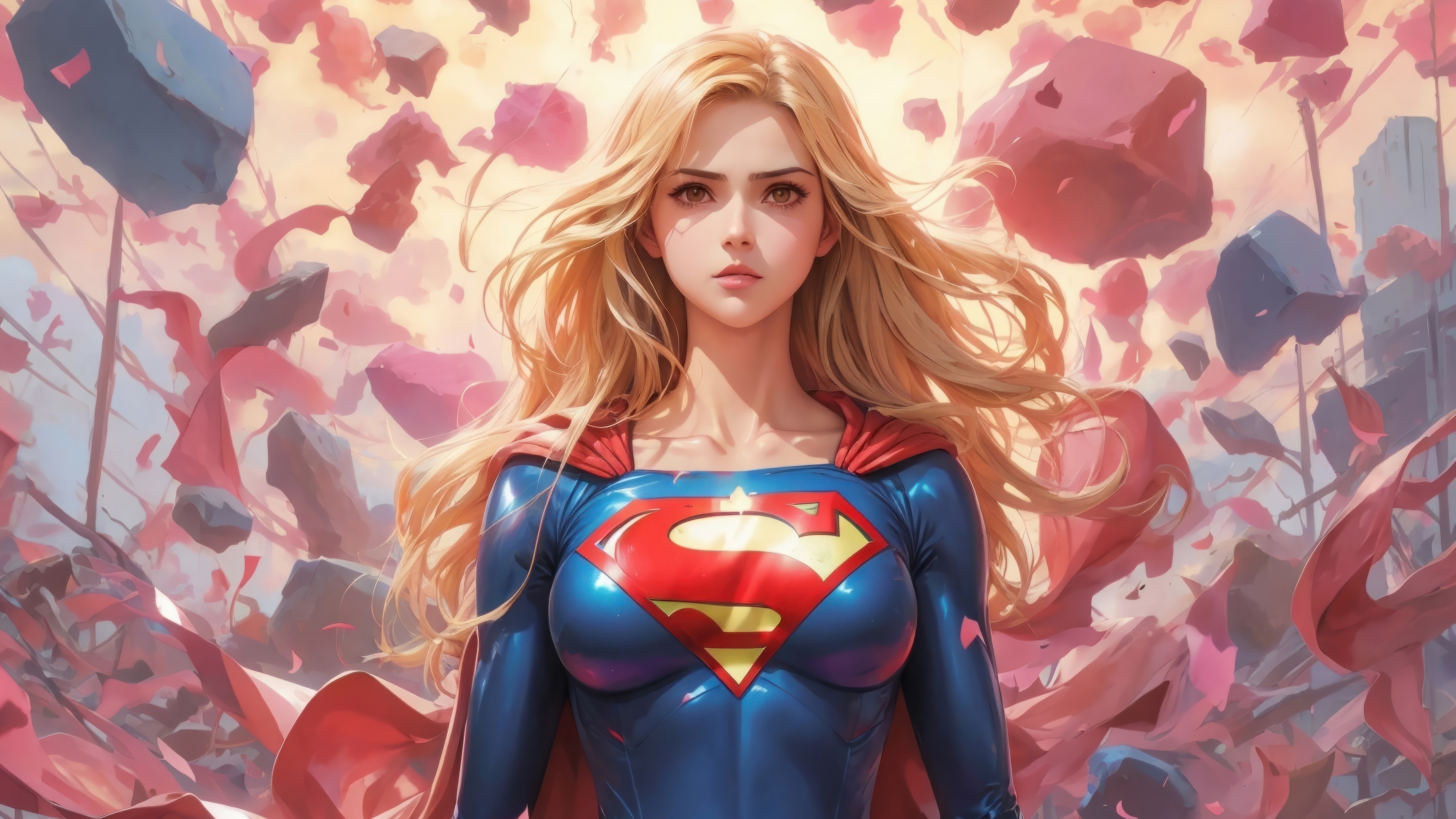 Supergirl in a blue and red suit with a cape HD Wallpaper