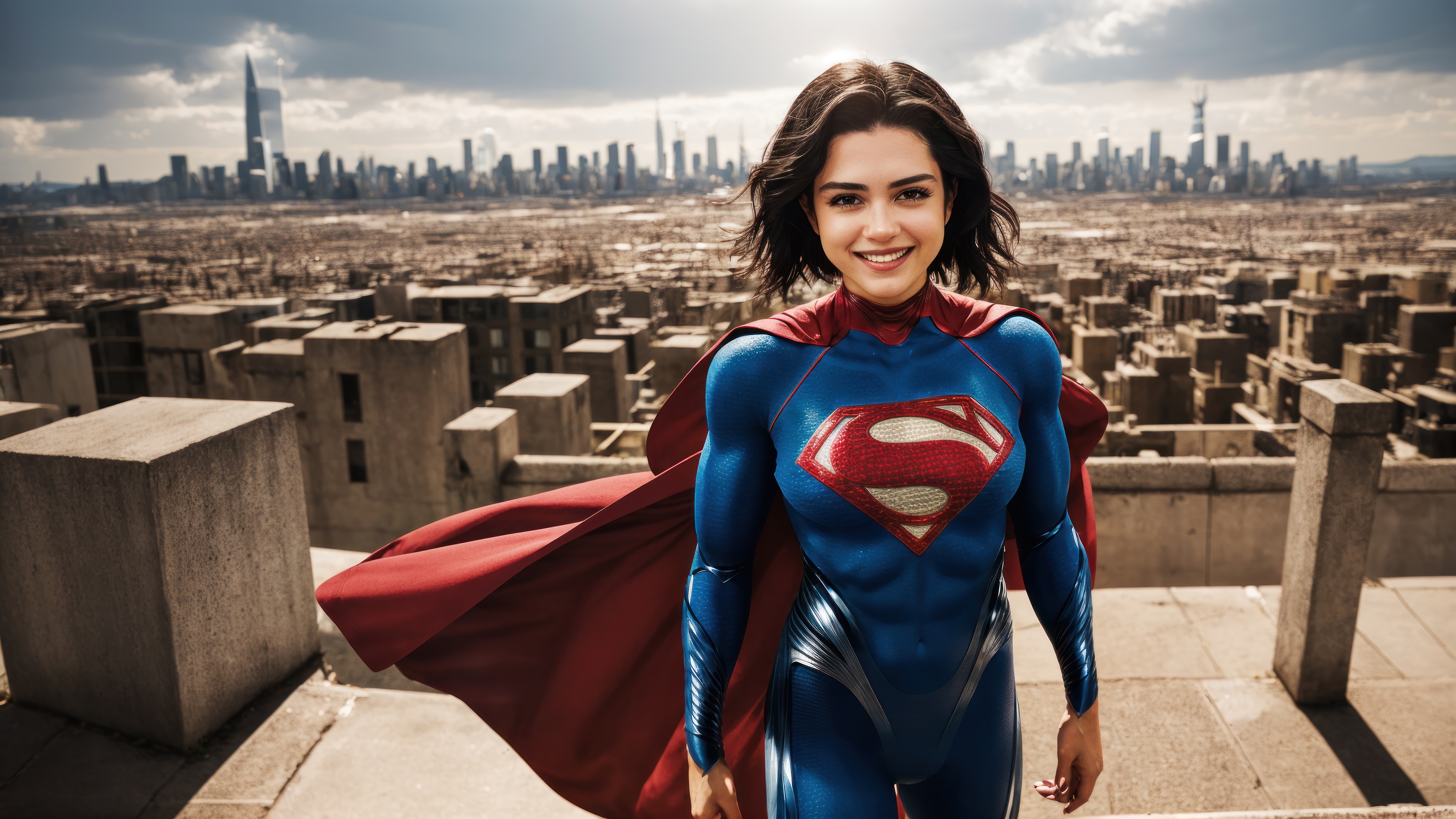 Supergirl standing on a rooftop overlooking a city in 4K HD Wallpaper