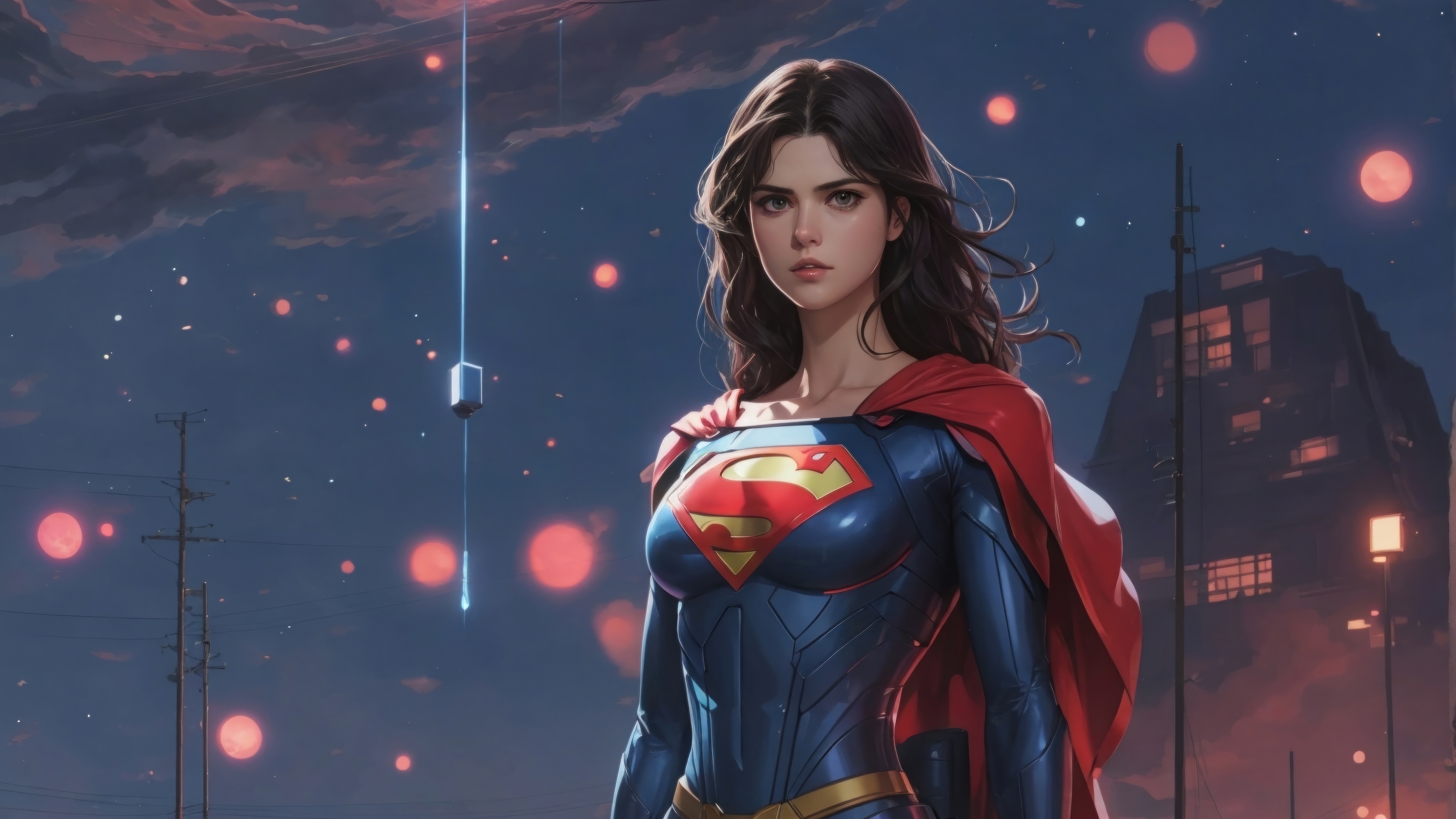 Supergirl in a blue and red suit with a red cape HD Wallpaper