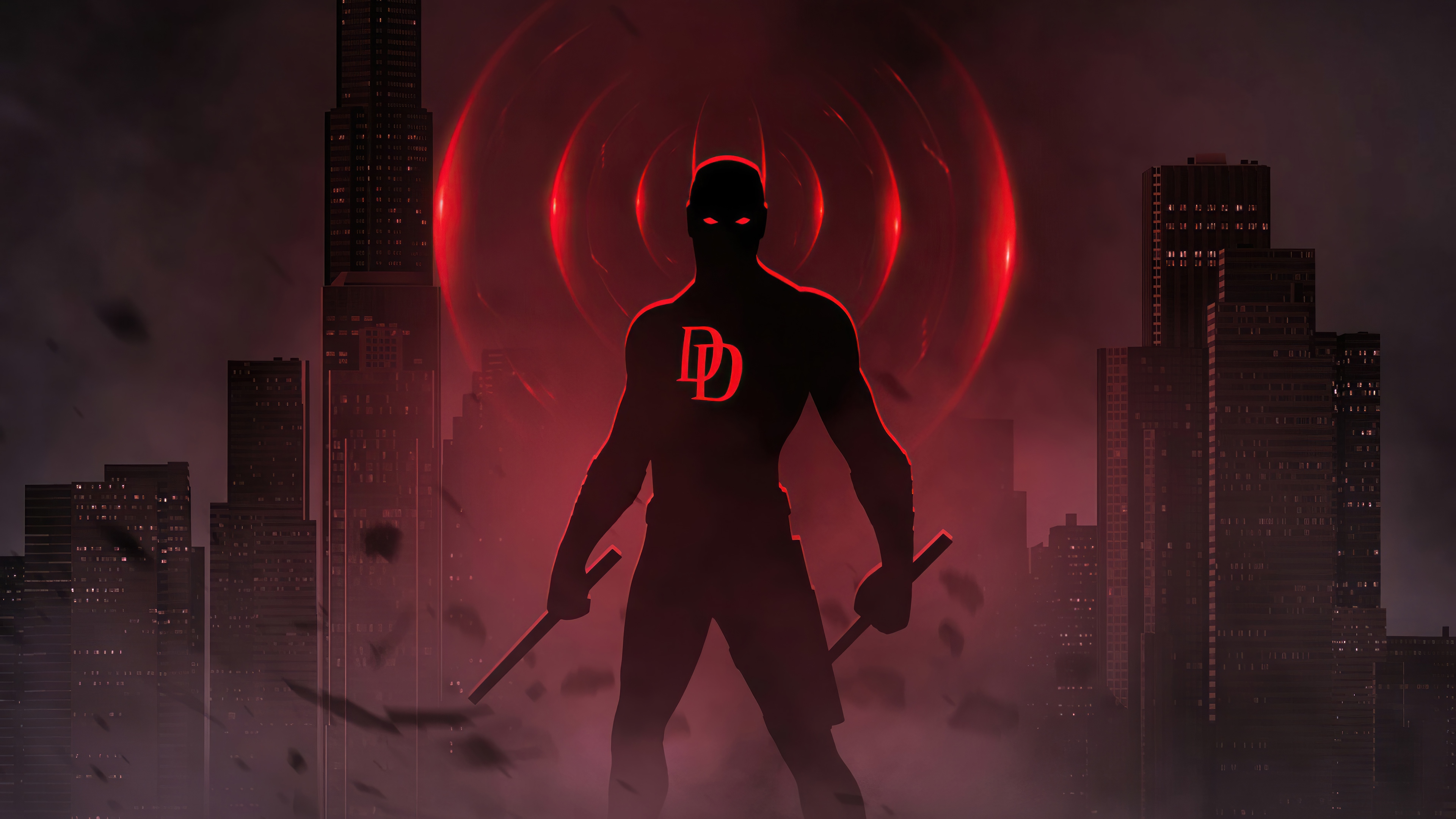 Daredevil Silhouette with Red DD Logo and Cityscape 4K HD Wallpaper