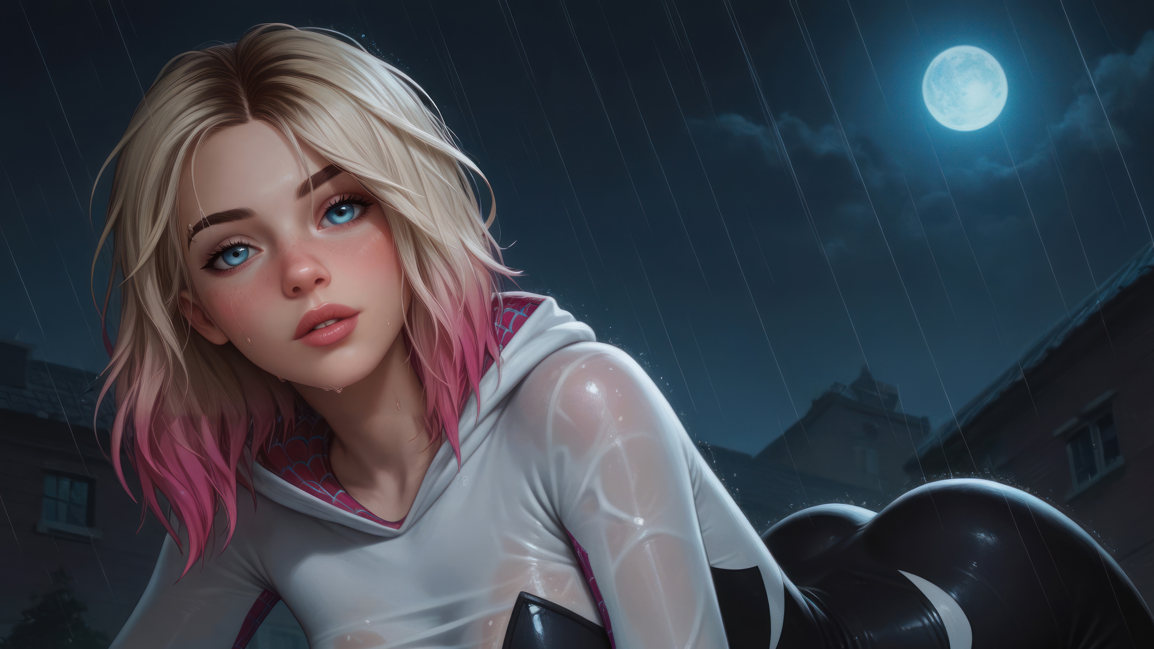Spider-Gwen in the Rain under the Moon HD Wallpaper
