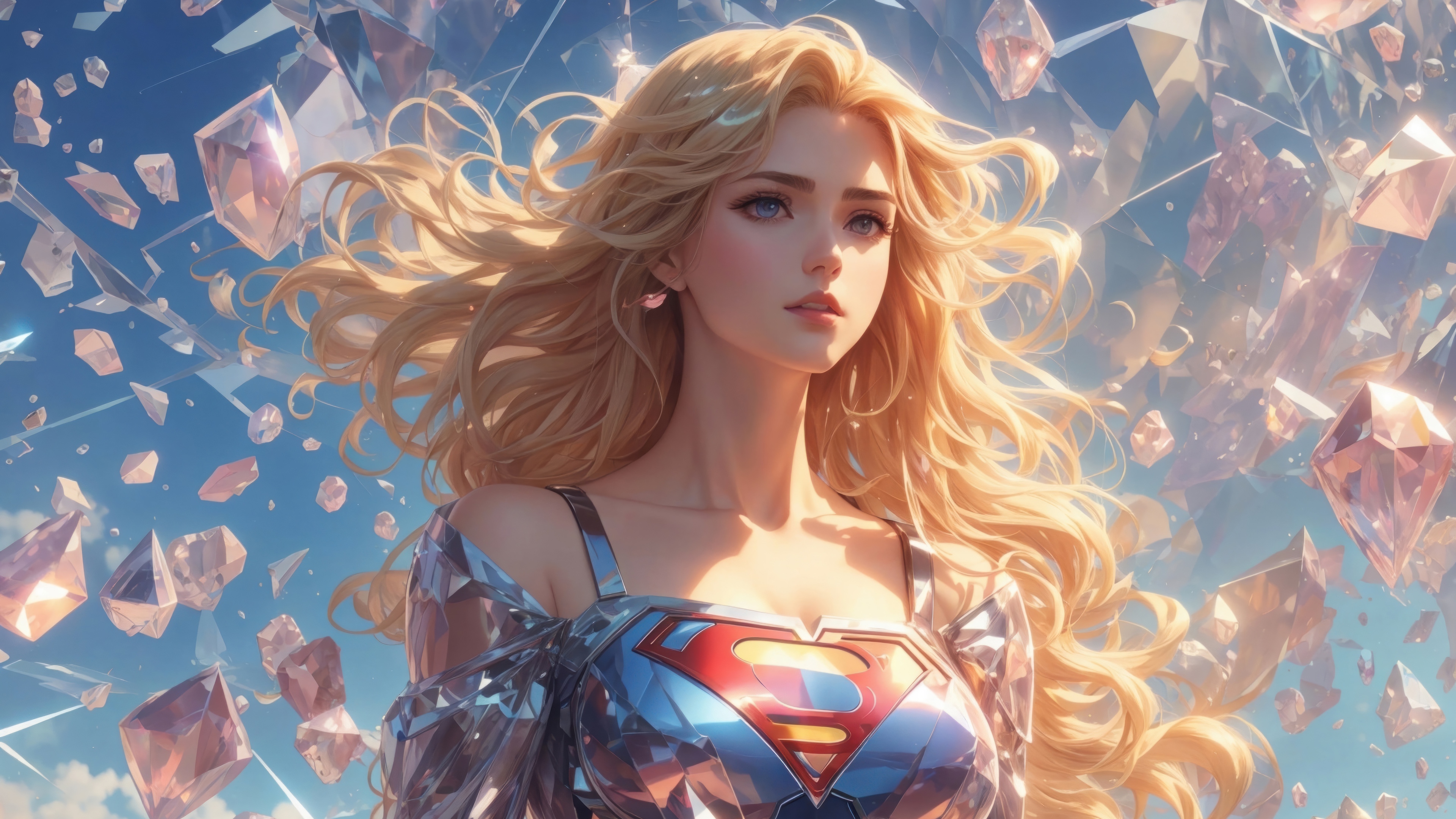 Supergirl in a diamond-like costume surrounded by crystals HD Wallpaper