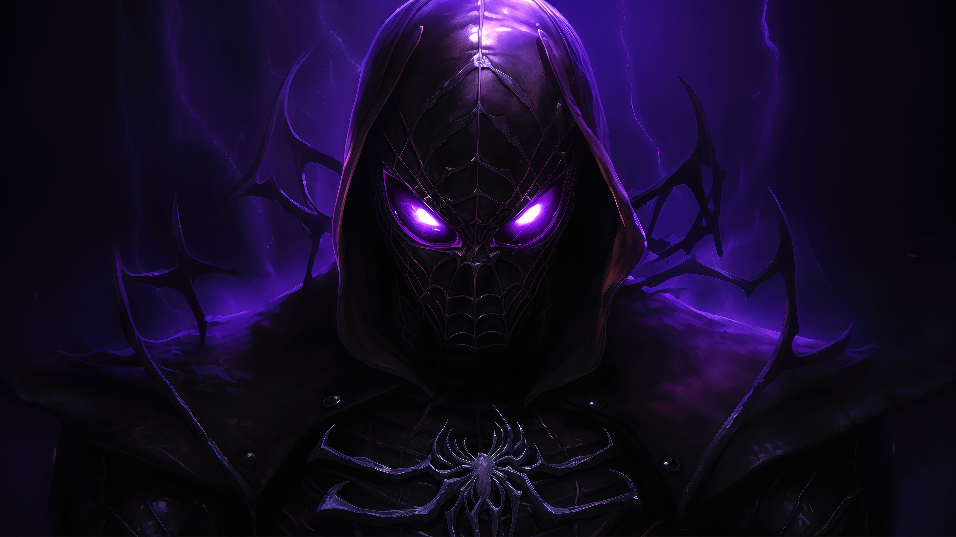Dark Spider-Man with glowing purple eyes HD Wallpaper