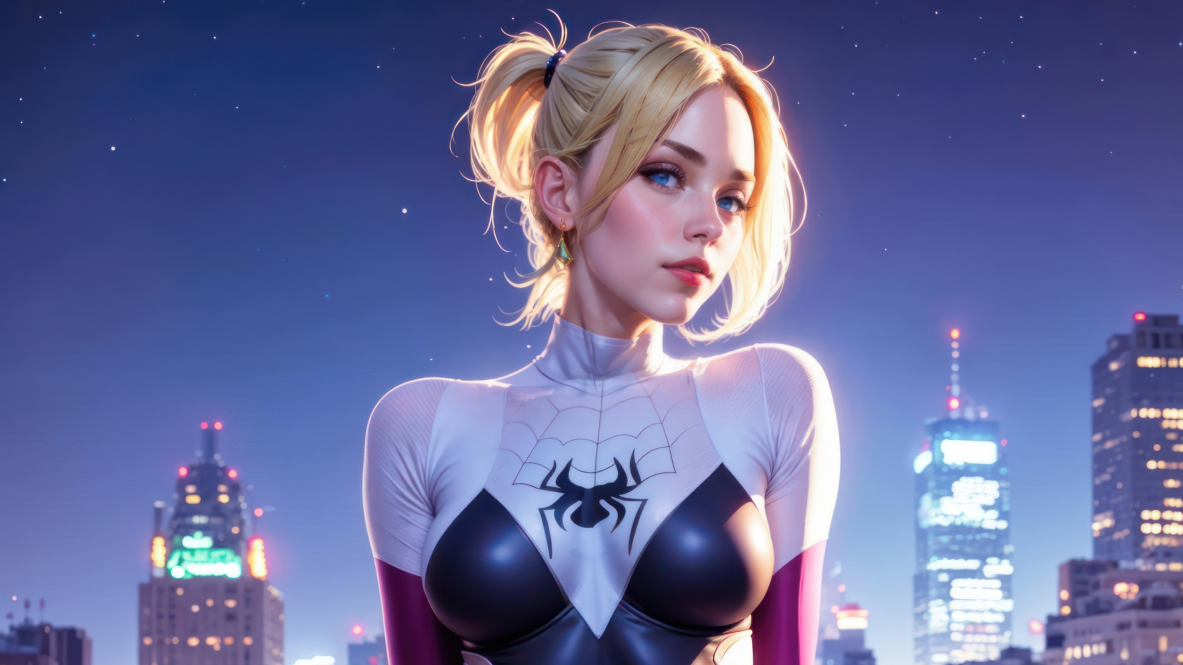 Spider-Gwen in a City at Night 4K HD Wallpaper