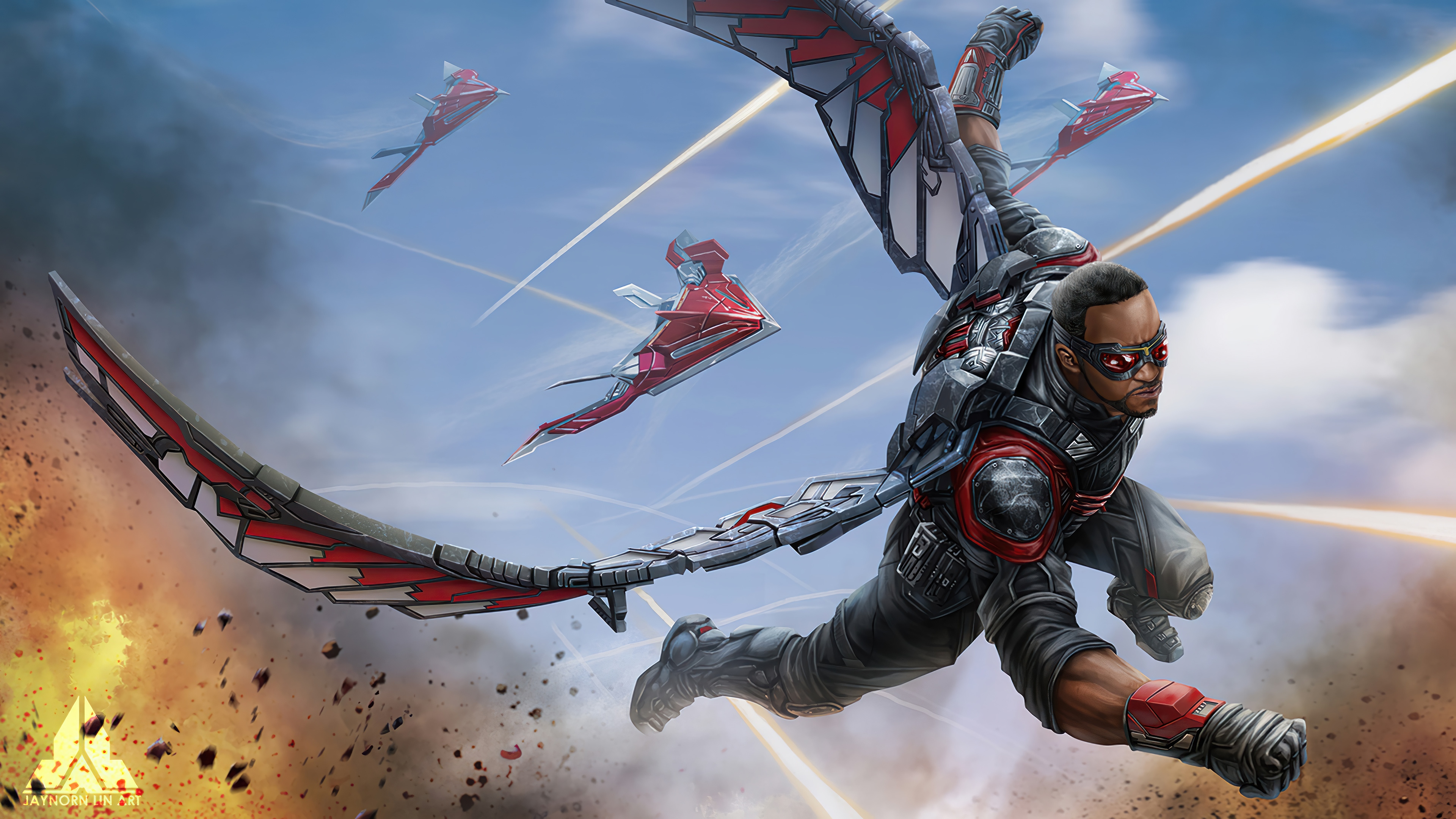 Falcon and Red Wing drones in battle 4K HD Wallpaper