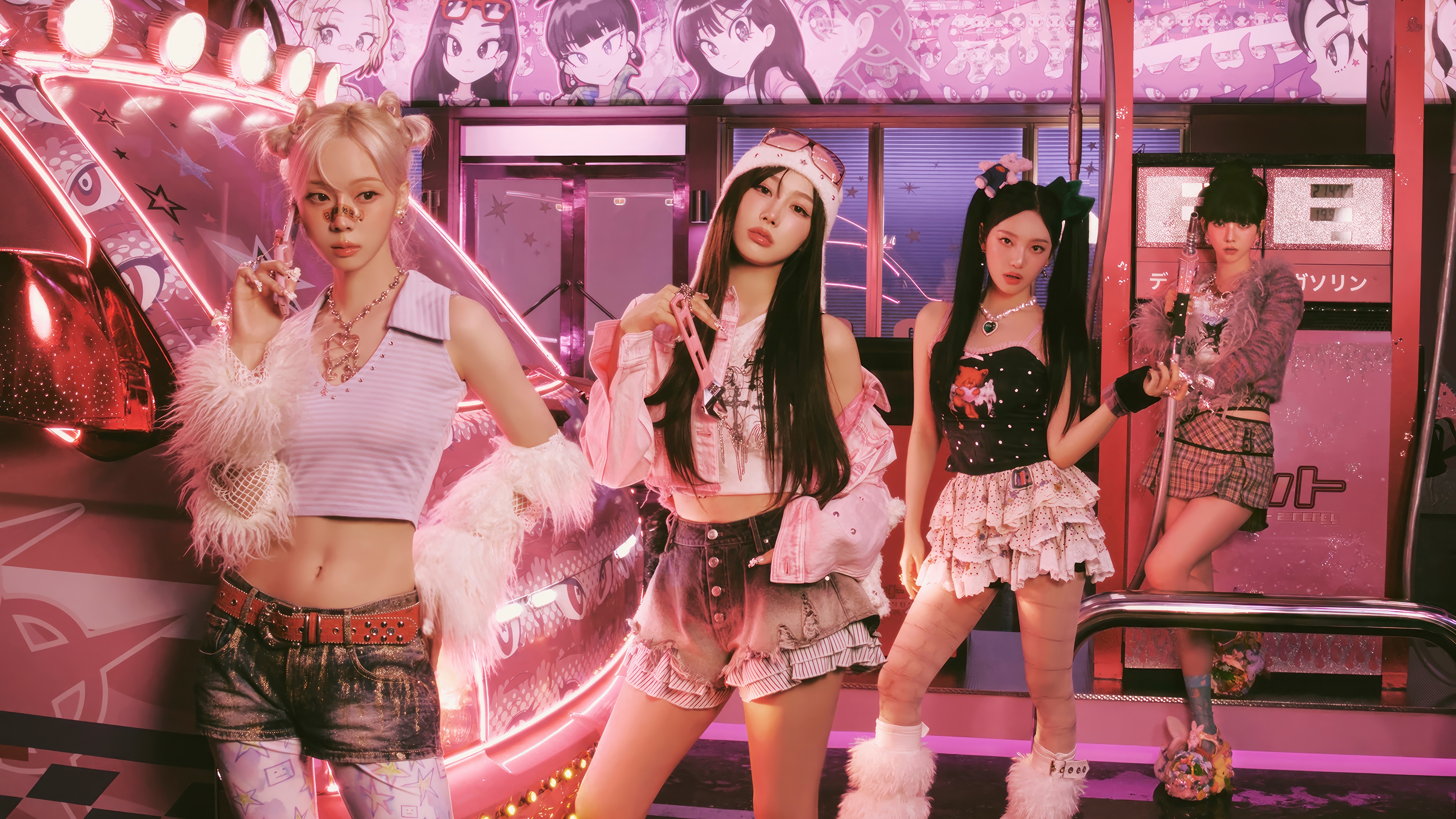 Aespa members in a pink, retro-themed setting HD Wallpaper