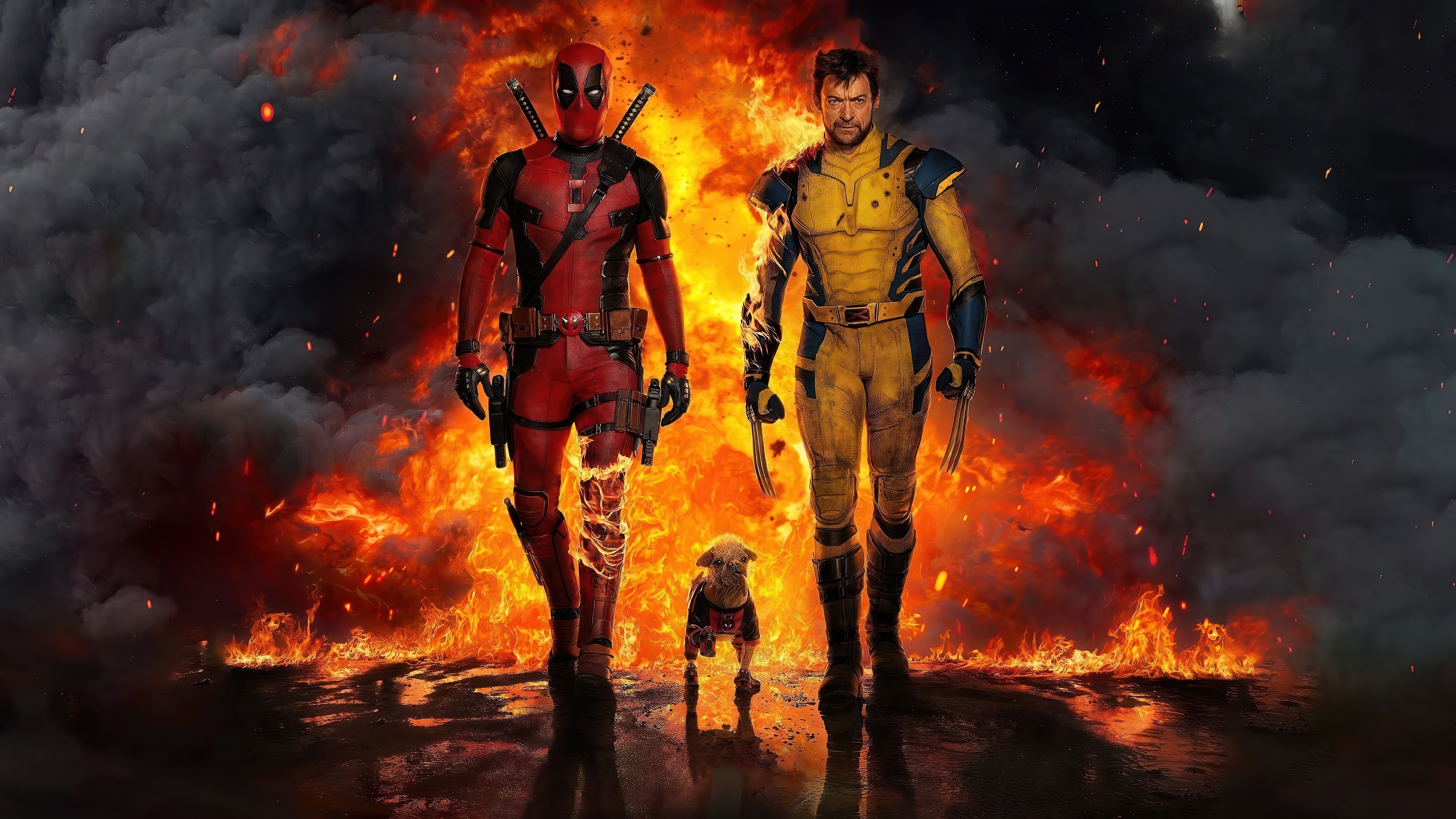 Deadpool and Wolverine with a dog in fire HD Wallpaper