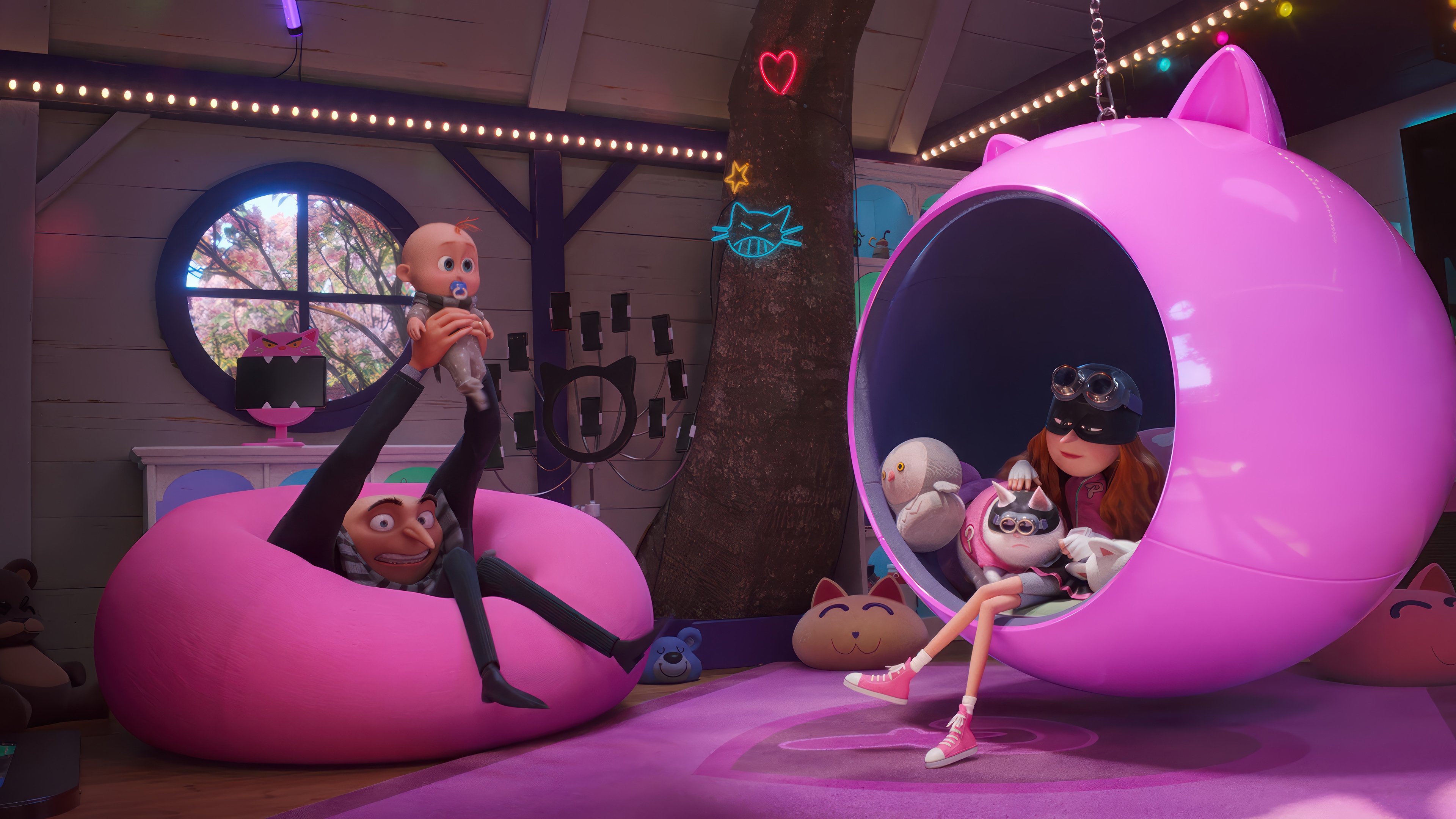Despicable Me 4: Gru and Baby Agnes in a Cat-Themed Room HD Wallpaper