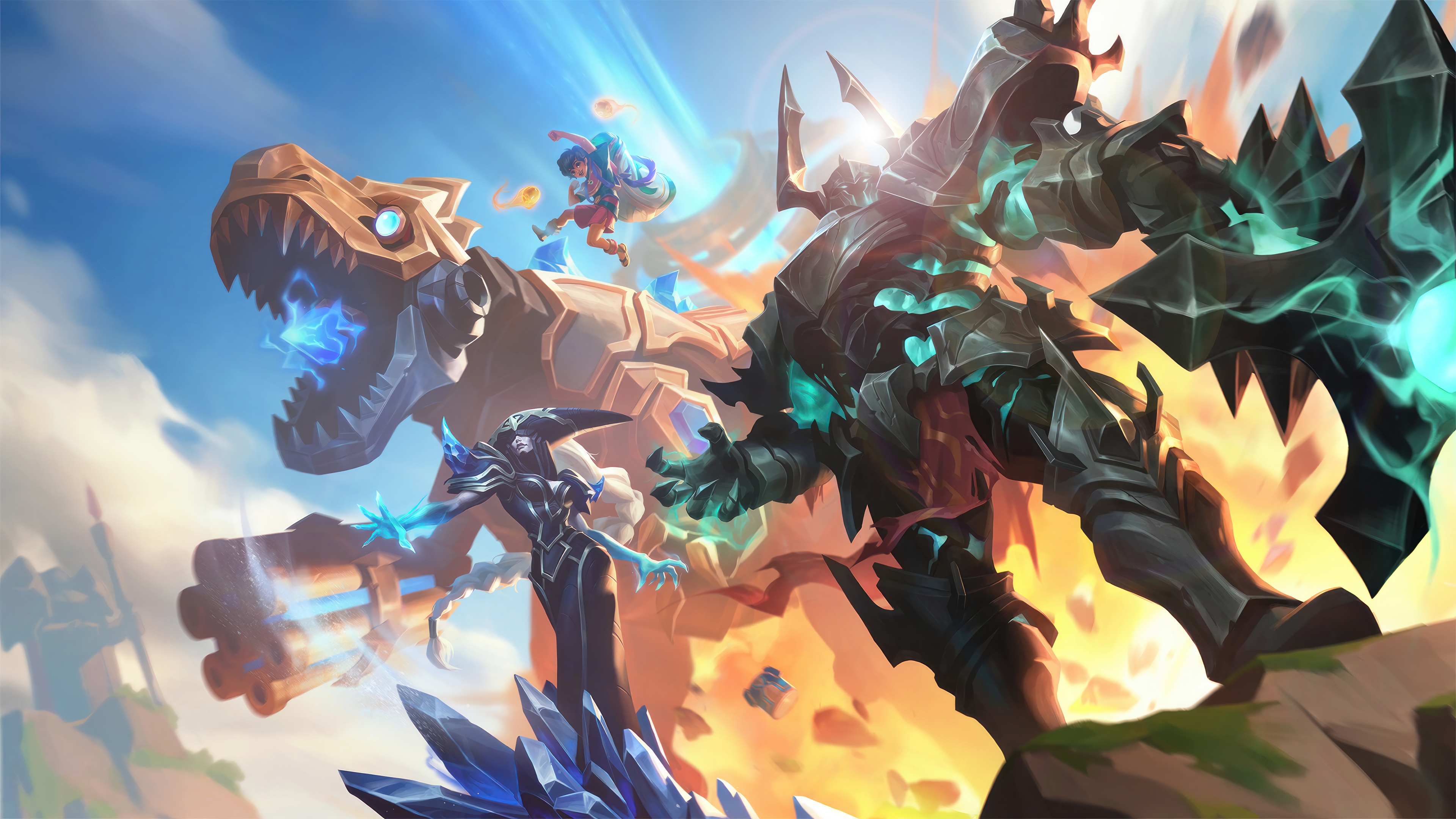 League of Legends: Mordekaiser, Lissandra, Millio, and Dinosaur HD Wallpaper