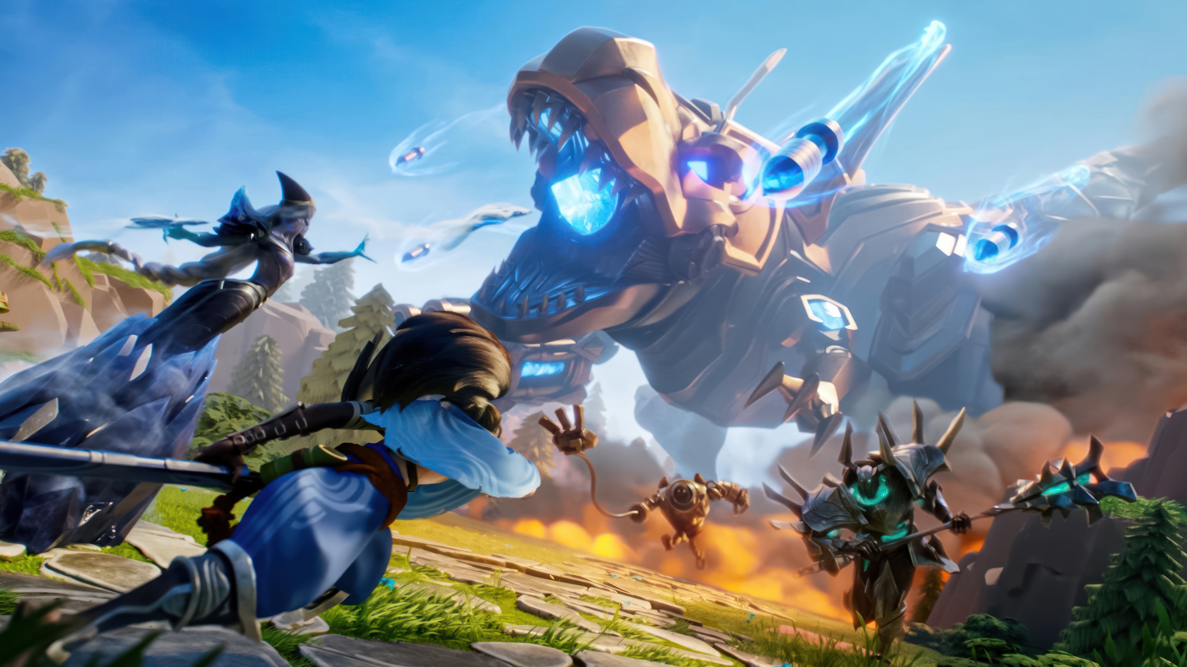 League of Legends characters battle a giant robot dinosaur HD Wallpaper